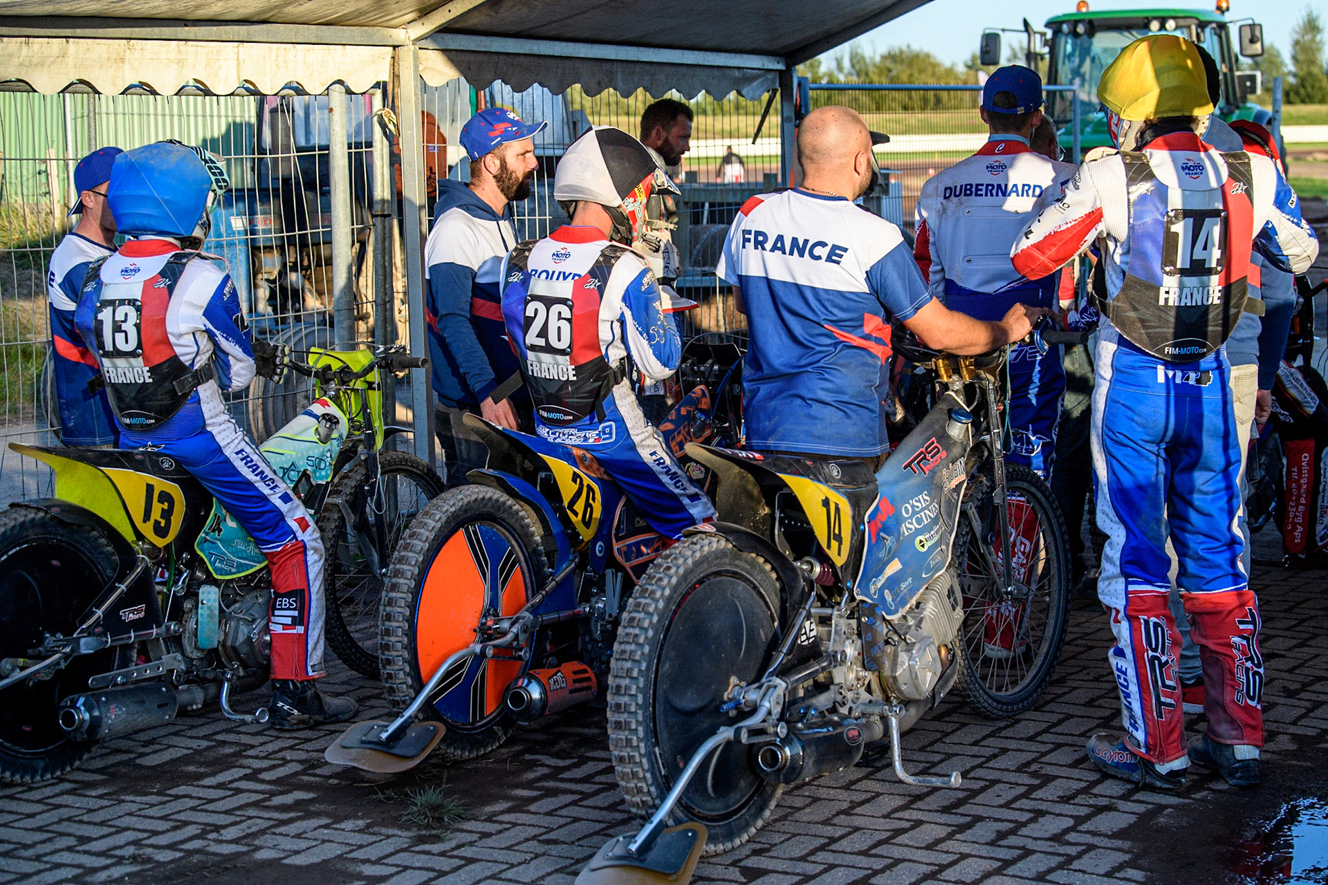 The French team wait to go out for their final heat during the FIM Long Track Of Nations event at the Speed Centre Roden on Sunday 24th September 2023. (Photo: Ian Charles | MI News)