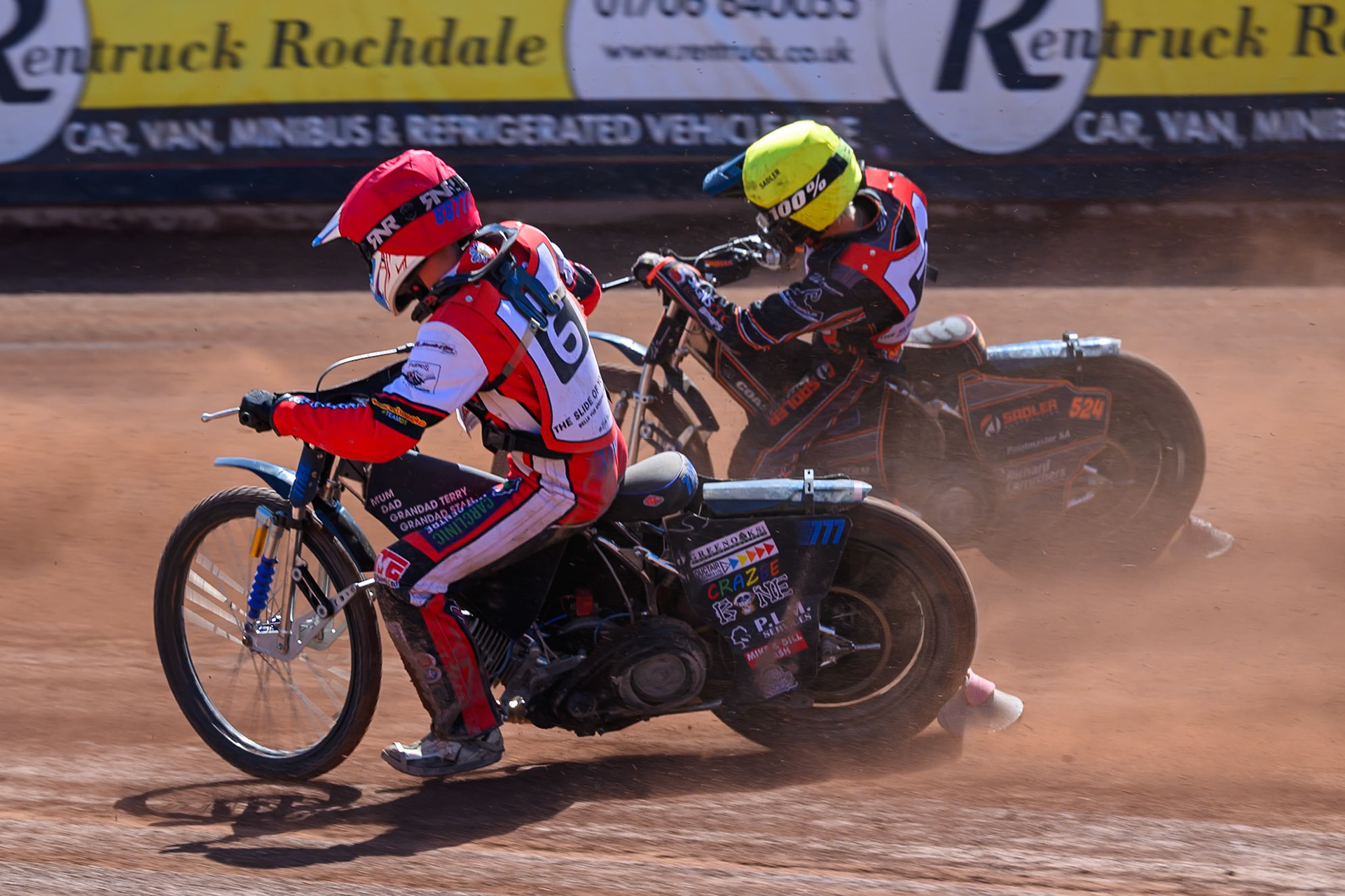 COLTS ACADEMY INDIVIDUAL EVENT Billy Budd in Red rides inside Harry Sadler in Yellow  during the JR Ashworth &amp; Sons Colts Academy &amp; British Youth Championship (125cc) at the National Speedway Stadium, Manchester on Sunday 19th July 2026. (Photo: Ian Charles | MI News)