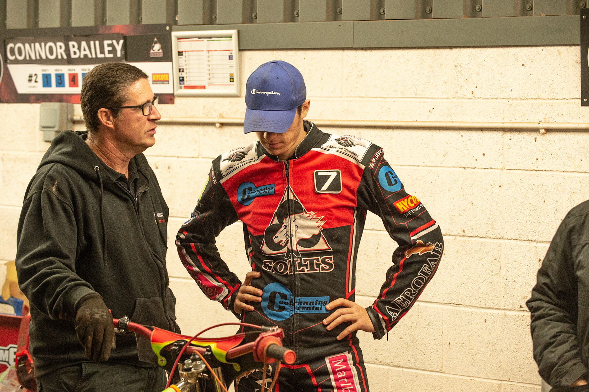 Photo: Ian Charles

Ben Woodhull  (right) chats with his Dad

Belle Vue Colts v Cradley Heathens, SGB National League, Belle Vue National Speedway Stadium, Manchester, Thursday 29  August  2019