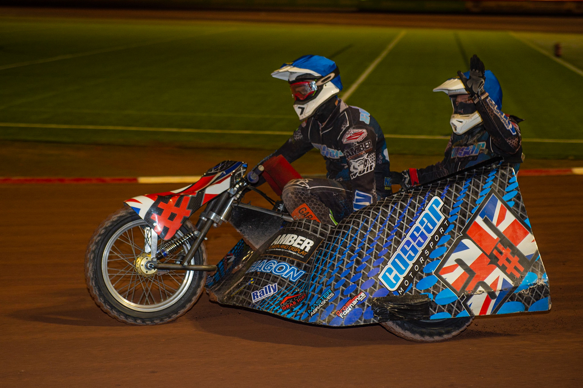 MANCHESTER, ENGLAND Mark Cossar & Carl Pugh(37) celebrate their win during the  ACU Sidecar Speedway Manchester Masters,  Belle Vue National Speedway Stadium, Manchester Saturday 12 October 2019 (Credit: Ian Charles | MI News)