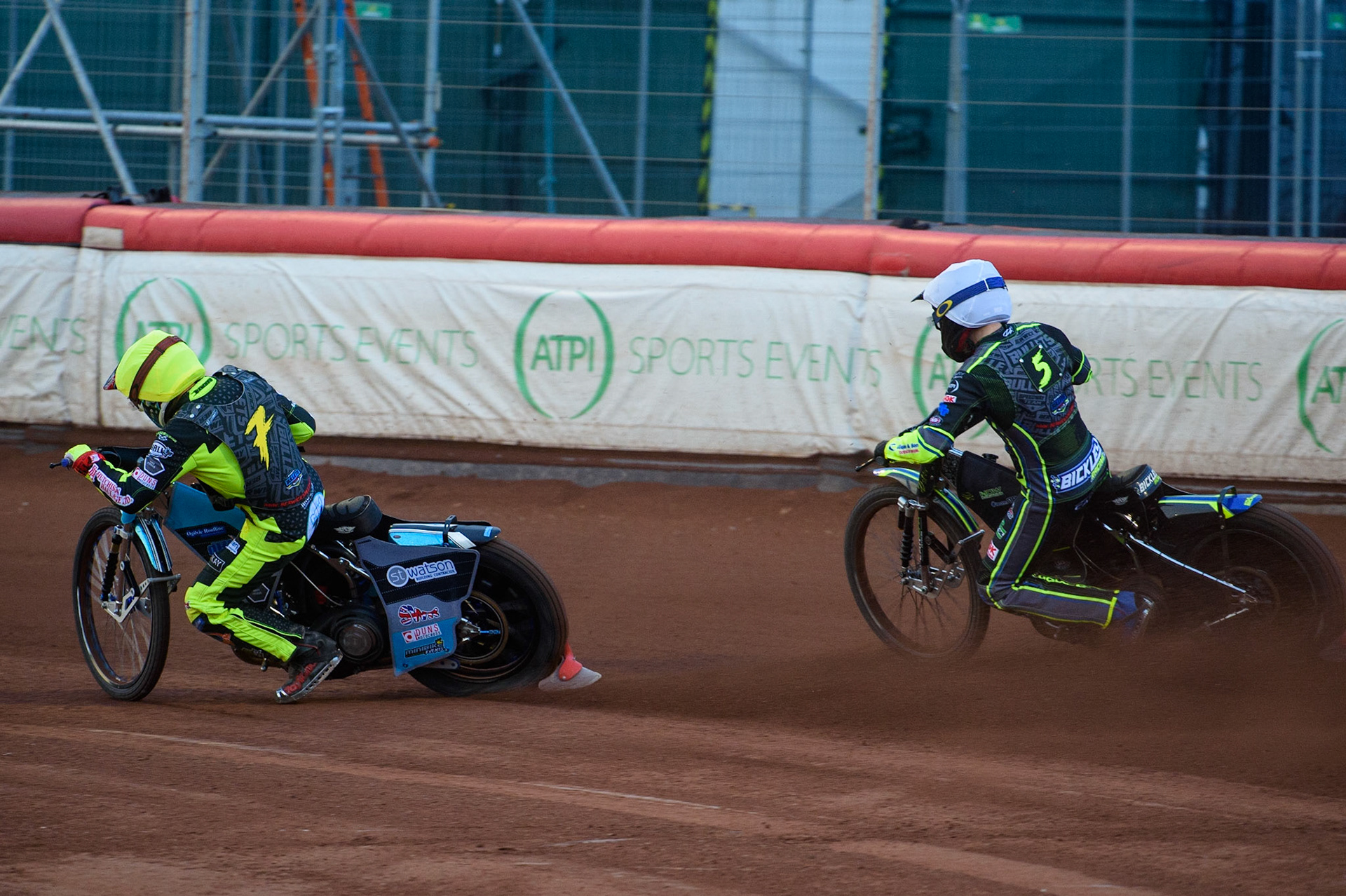 MANCHESTER, UK. MAY 28TH  Mason Watson   (Yellow) leads Kyle Bickley  (White) during the SGB National Development League match between Belle Vue Colts and Berwick Bullets at the National Speedway Stadium, Manchester on Friday 28th May 2021. (Credit: Ian Charles | MI News)