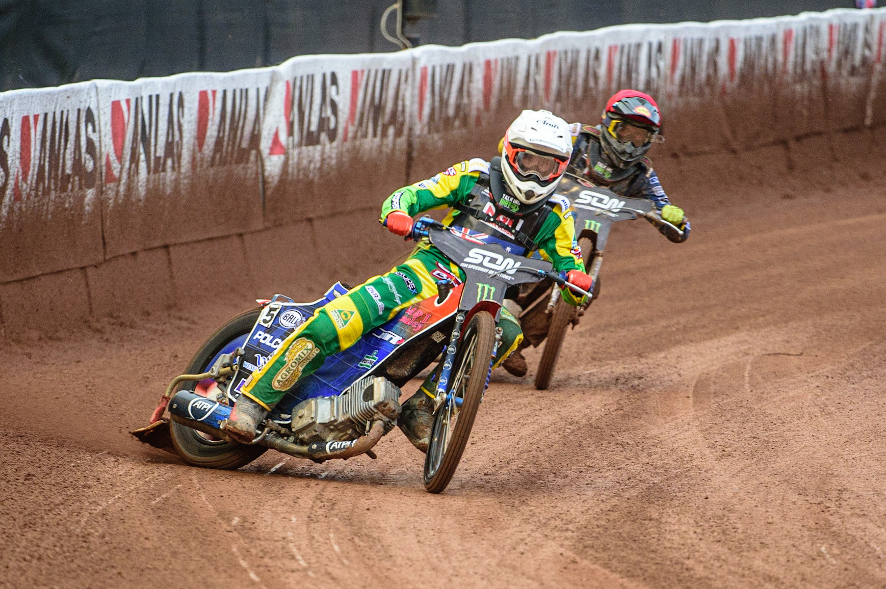 MANCHESTER, UK. OCT 17TH Keynan Rew of Australia (White) leads Philip Hellström-Bangs of Sweden (Red) during the Monster Energy FIM Speedway of Nations at the National Speedway Stadium, Manchester on Sunday  17th October 2021. (Credit: Ian Charles | MI News)