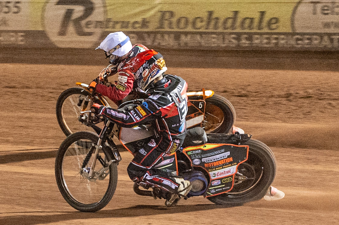 Photo: Ian Charles

Jordan Palin  (Red) chases Jack Smith  (White)

Belle Vue Colts v Cradley Heathens, SGB National League, Belle Vue National Speedway Stadium, Manchester, Thursday 29  August  2019