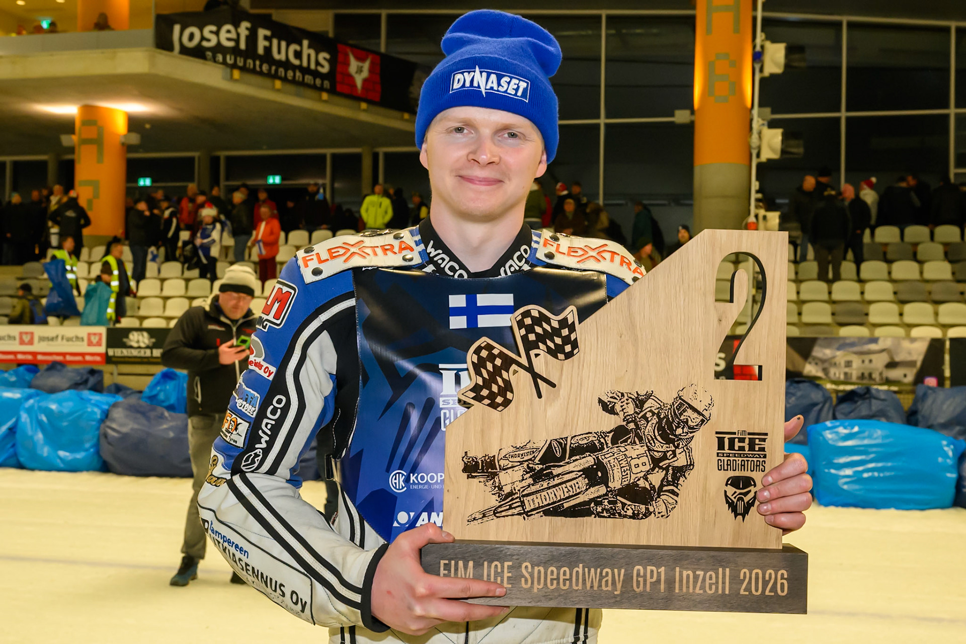 Marx Koivula (24) of Finland  with his second place trophy during the Ice Speedway Gladiators World Championship Final 1 at Max-Aicher-Arena, Inzell on Saturday 14th March 2026. (Photo: Ian Charles | MI News)