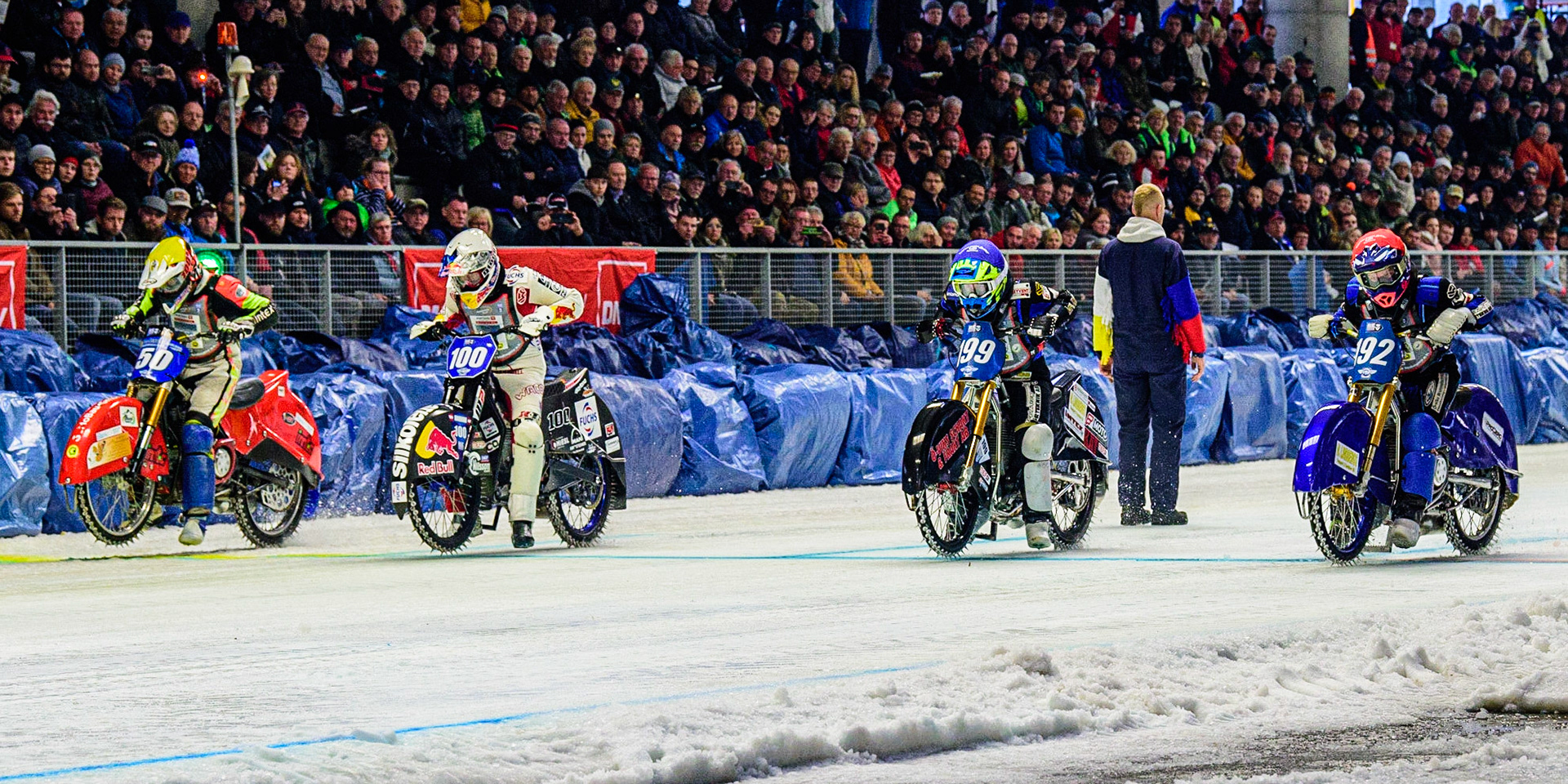 The Start of the Grand Final on Sunday: (l-r) Harald Simon (50) (Yellow), Franz Zorn (100) (White), Martin Haarahiltunen (199) (Blue) Niclas Svensson (192) (Red)  during the Ice Speedway Gladiators World Championship Final 2 at Max-Aicher-Arena, Inzell, Germany on Sunday 19th March 2023. (Photo: Ian Charles | MI News)