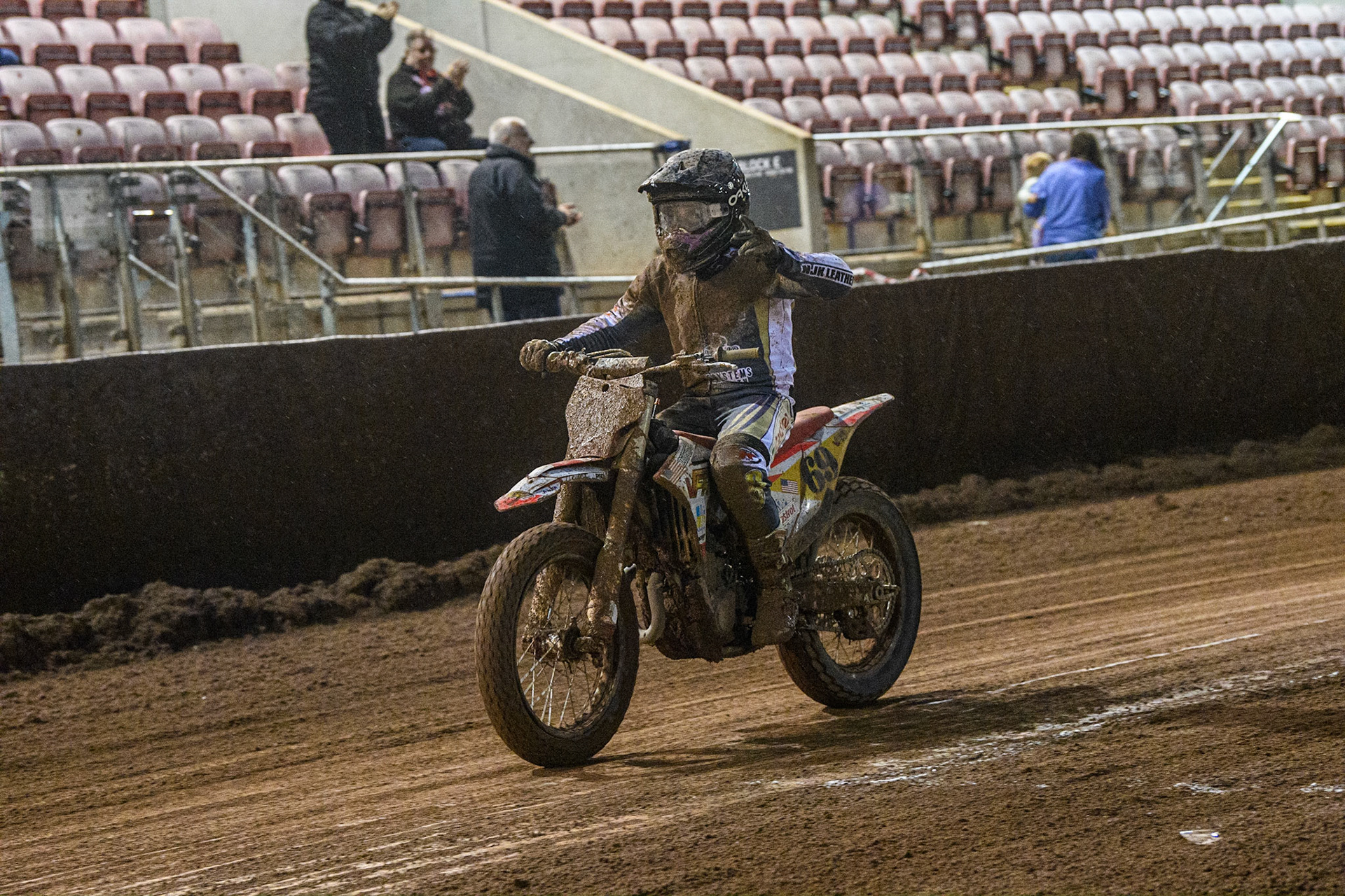 Sammy Halbert (69) from USA waves to the crowd during the FIM World Flat Track Championship Round 1 at the National Speedway Stadium, Manchester on Saturday 5th August 2023. (Photo: Ian Charles | MI News)