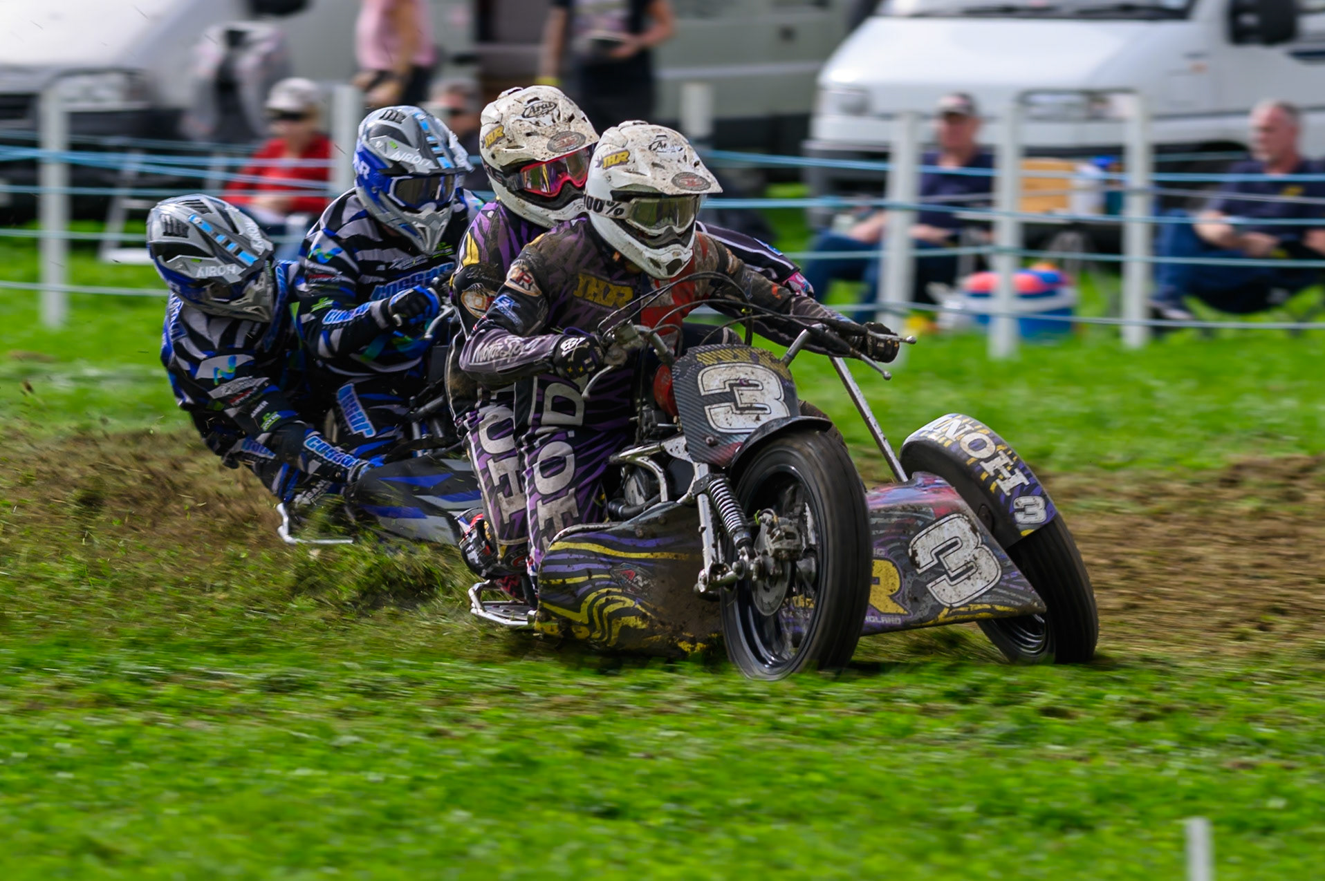 British Masters 1000cc Sidecars: John Hand/Adrian North (3) leading Tom Cossar/Ryan Wharton (29) during the British Masters Grasstrack Championship at Lower Marsh Farm, Much Hoole, Preston in Lancashire, England on Sunday 13th September 2026. (Photo: Ian Charles | MI News)