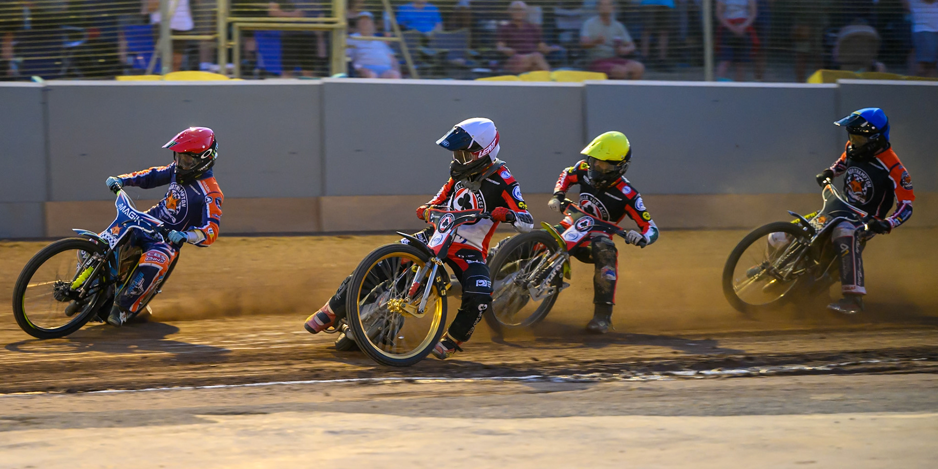 Jaimon Lidsey of Northampton Foxes  in Red leading Norick Blodorn of Belle Vue Aces  in White , Tate Zischke of Belle Vue Aces  in Yellow  and Adam Ellis of Northampton Foxes  in Blue during the Rowe Motor Oil Premiership match between Northampton Foxes and Belle Vue Aces at Northampton International Shaleway, Northampton on Thursday 13th August 2026. (Photo: Ian Charles | MI News)