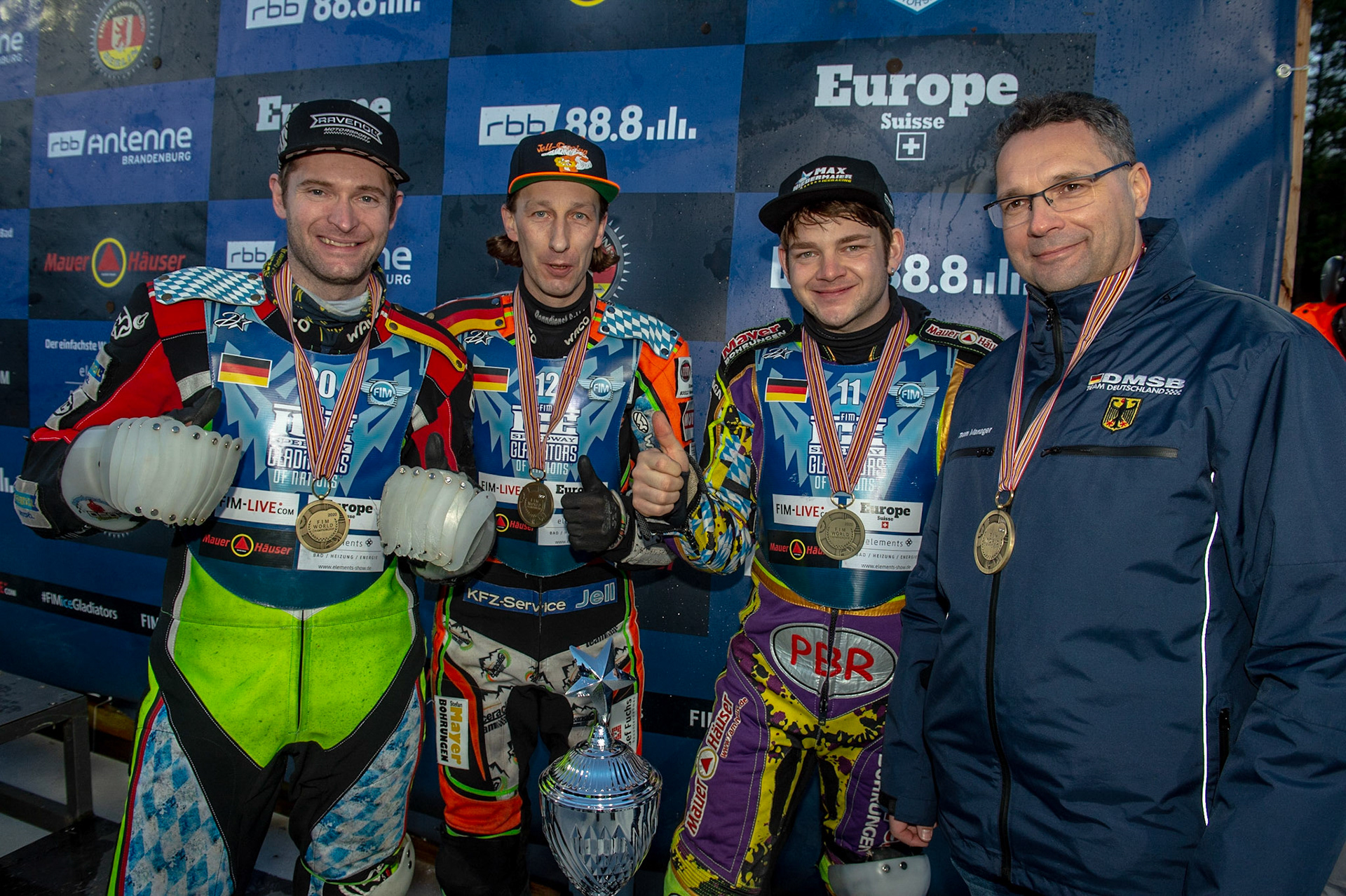 BERLIN GERMANY  - March 1 3rd placed Germany (L-r) Johan Weber Marcus Jell, Max Neidermaier and Bernd Sagert (Manager)   during the Ice Speedway of Nations at the Horst-Dohm-Eisstadion, Berlin,  on Sunday 1 March 2020. (Credit: Ian Charles | MI News)