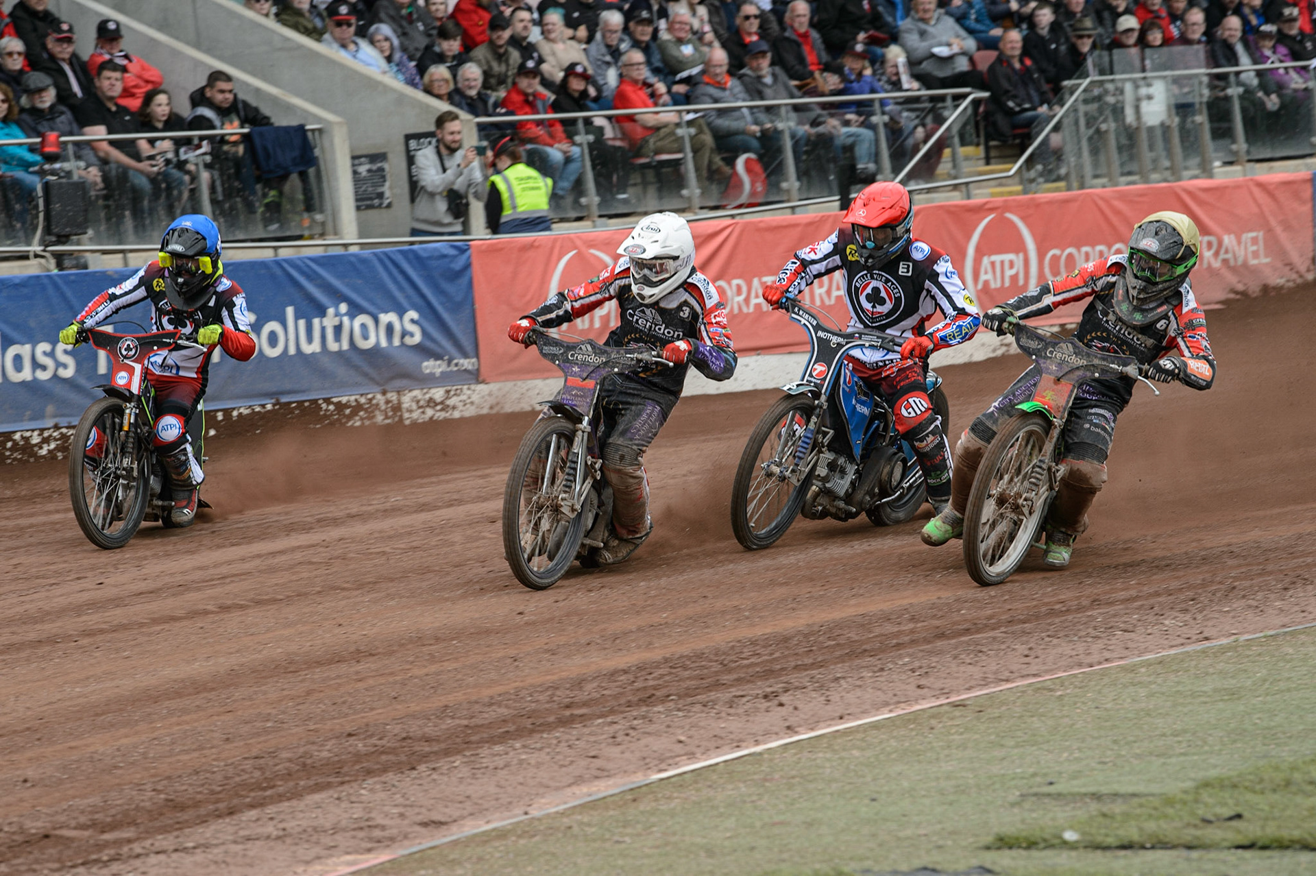 MANCHESTER, UK. MAY 2ND  (l-r) Ulrich Ostergaard  (White), Matej Žagar  (Red) and Benjamin Basso  (Yellow) during the SGB Premiership match between Belle Vue Aces and Peterborough at the National Speedway Stadium, Manchester on Monday 2nd May 2022. (Credit: Ian Charles | MI News)