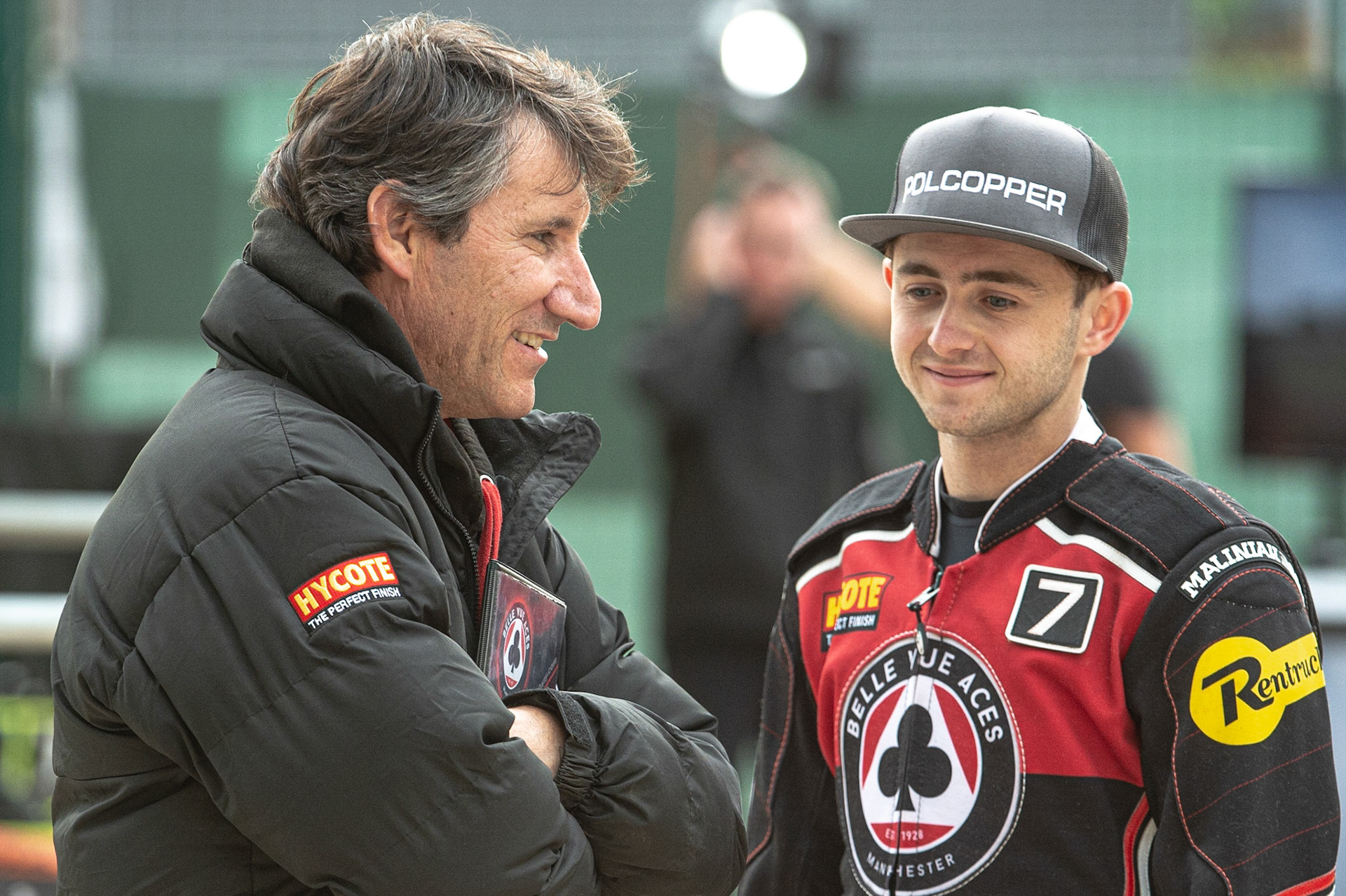 Photo: Ian Charles

Mark Lemon (left) chats with Jaimon Lidsey 

Belle Vue Aces v Ipswich Witches, British Speedway Premiership, Belle Vue National Speedway Stadium, Manchester, Monday 3  June  2019