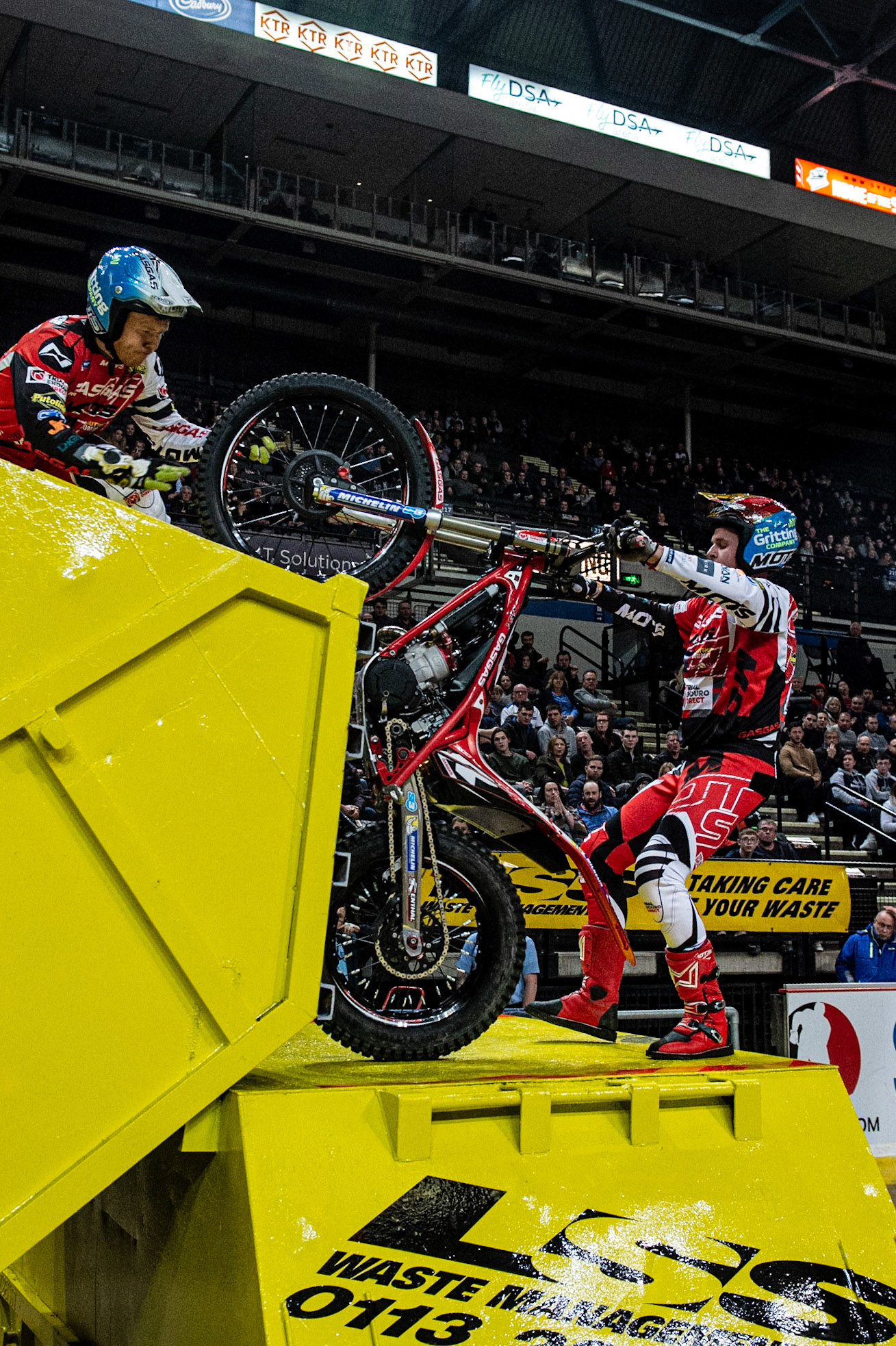 SHEFFIELD, ENGLAND  - DECEMBER 28TH Jack Price, UK (GasGas) falls on the skips of Section 6  during the 25th Anniversary Sheffield Indoor Trial at the FlyDSA Arena, Sheffield on Saturday 28th December 2019. (Credit: Ian Charles | MI News)
