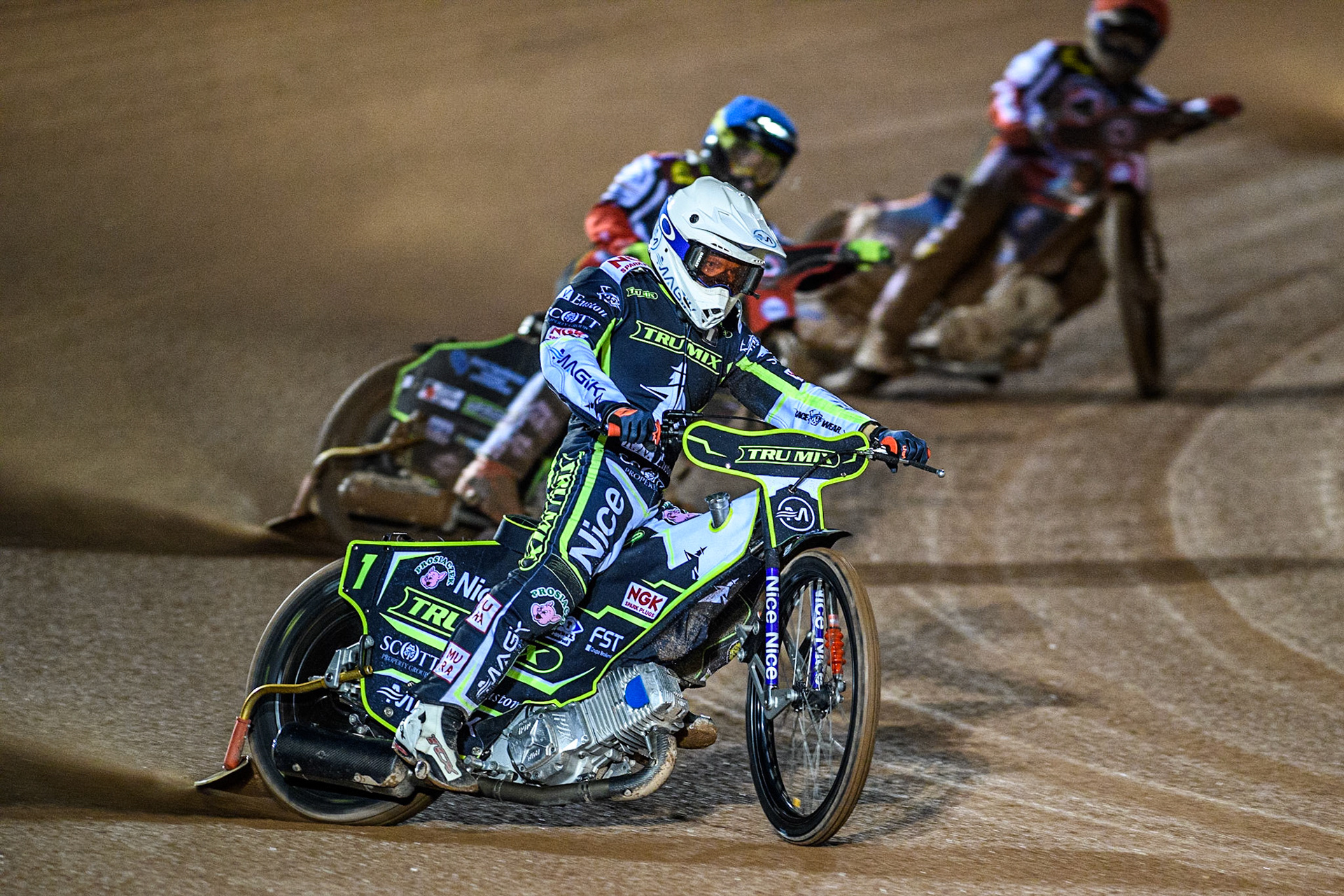 Emil Sayfutdinov  (White) leads  Tom Brennan (Blue) and Brady Kurtz (Red) during the Sports Insure Premiership Semi Final Playoff 2nd leg match between Belle Vue Aces and Ipswich Witches at the National Speedway Stadium, Manchester on Monday 25th September 2023. (Photo: Ian Charles | MI News)