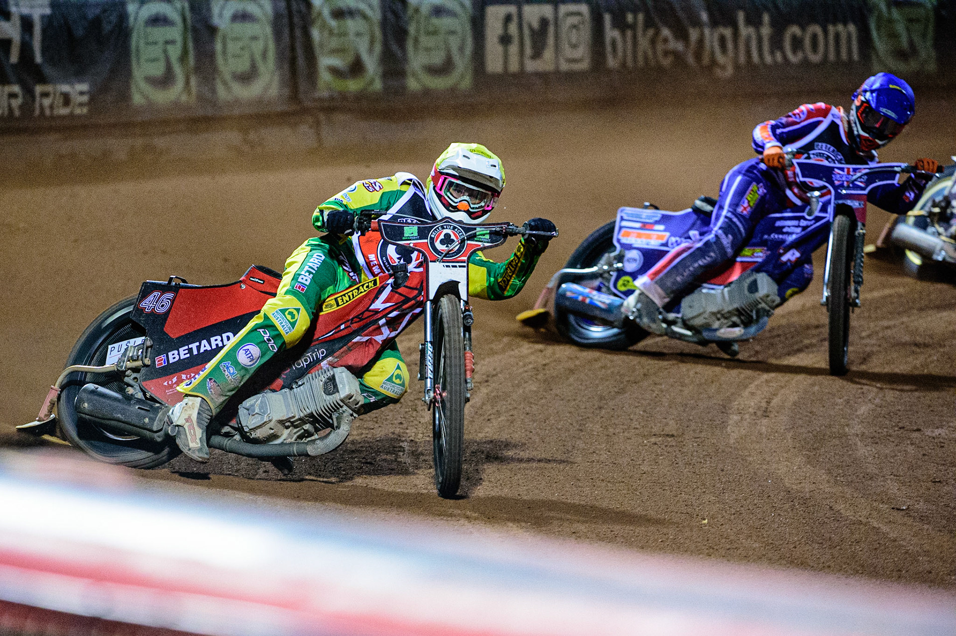 MANCHESTER, UK. OCT 23RD  Max Fricke  (Yellow) leads Jordan Palin  (Blue) during the Peter Craven Memorial Trophy event at the National Speedway Stadium, Manchester on Saturday 23rd October 2021. (Credit: Ian Charles | MI News)