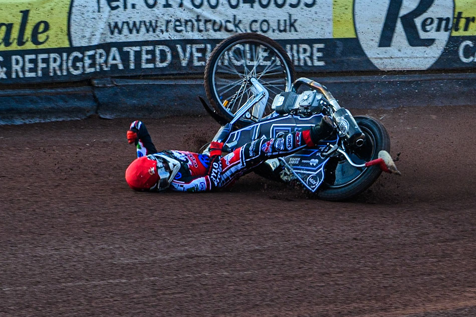 MANCHESTER, UK. JULY 23RD Sam McGurk   spins off during the National Development League match between Belle Vue Colts and Eastbourne Seagulls at the National Speedway Stadium, Manchester on Friday 23rd July 2021. (Credit: Ian Charles | MI News)