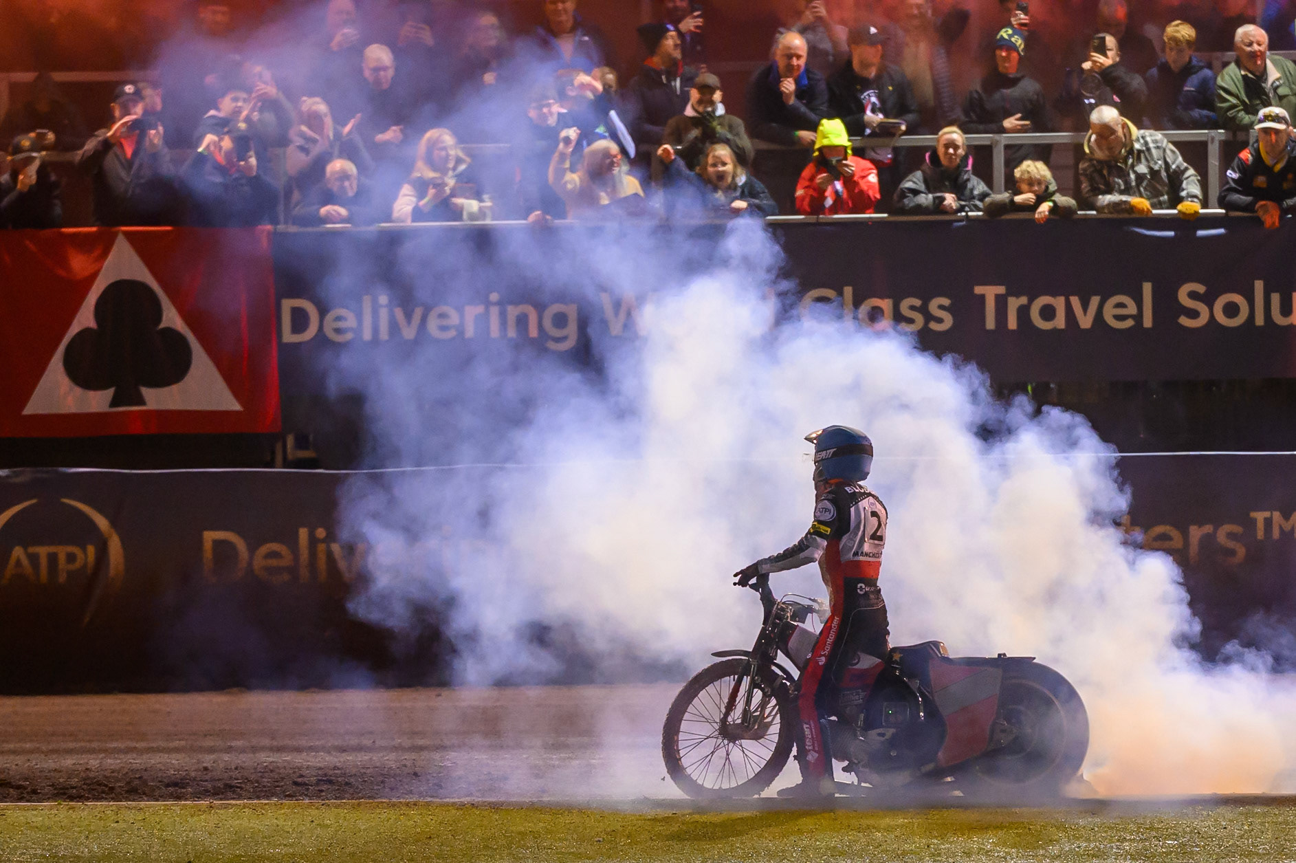 Norick Blodorn of Belle Vue Aces  celebrates with a burnout on the back straight during the Rowe Motor Oil Premiership Grand Final 2nd Leg between Belle Vue Aces and Sheffield Tigers at the National Speedway Stadium, Manchester on Friday 16th October 2026. (Photo: Ian Charles | MI News)