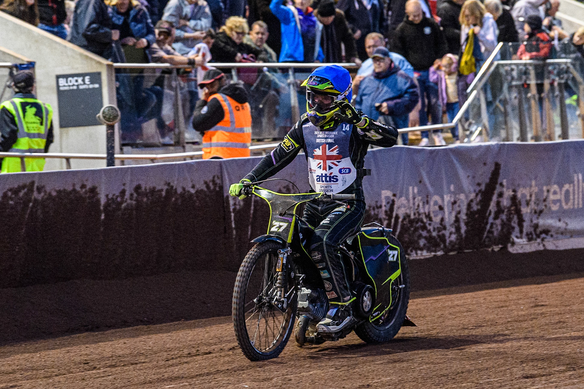 Tom Brennan waves to the fans after his third place in the final during the Attis Insurance Sports Division British Speedway Championship Final at the National Speedway Stadium, Manchester on Saturday 8th June 2024. (Photo: Ian Charles | MI News)