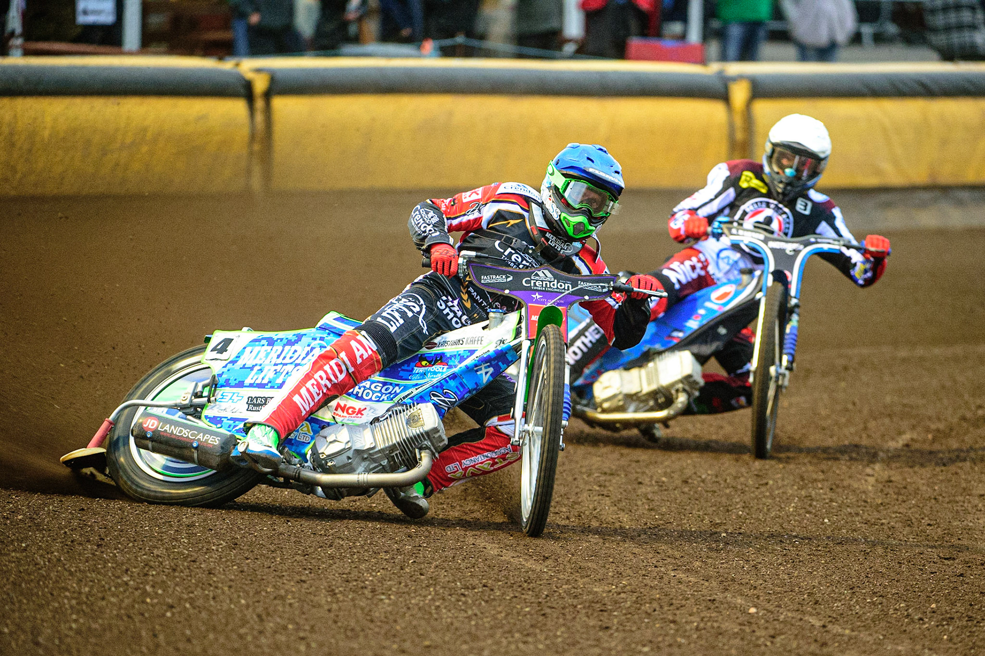 PETERBOROUGH, UK. MAY 9TH  Hans Andersen   (Blue) leads Matej Žagar  (White) during the SGB Premiership match between Peterborough Panthers and Belle Vue Aces at East of England Showground, Peterborough on Monday 9th May 2022. (Credit: Ian Charles | MI News)