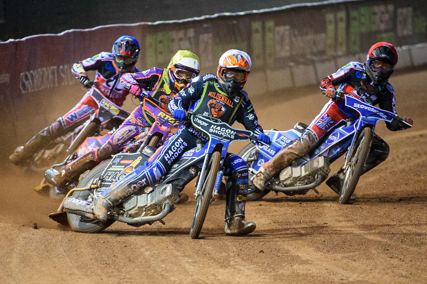 MANCHESTER, SEPT 3RD. Jason Edwards (White) leads Elliot Kelly  (Yellow), Harry McGurk  (Red) and Jack Parkinson-Blackburn  (Blue) during the National Development League match between Belle Vue Aces and Mildenhall Fens Tigers at the National Speedway Stadium, Manchester on Friday 3rd September 2021. (Credit: Ian Charles | MI News)