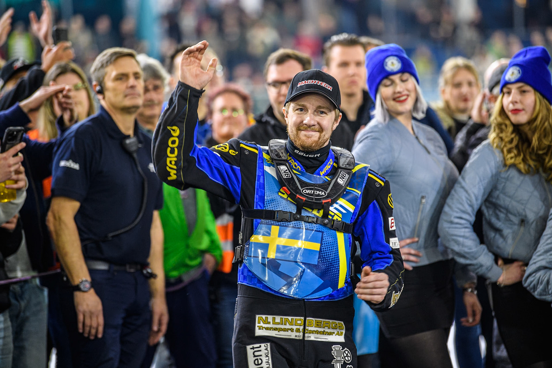 Sweden's Martin Haarahiltunen (199)  celebrates his win during the FIM Ice Speedway Gladiators World Championship Final 3 at Ice Rink Thialf, Heerenveen on Saturday 6th April 2024. (Photo: Ian Charles | MI News)