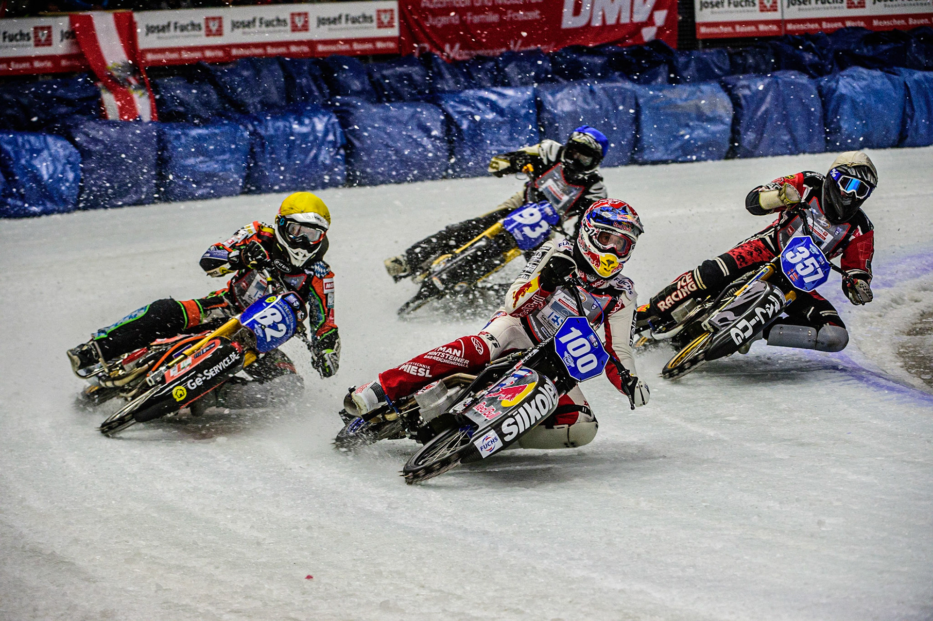 Franz Zorn (100) (Red) leads Markus Jell (82) (Yellow) Jo Saetre (357) (White) and Franz Mayerbüchler (93) (Blue) during the Ice Speedway Gladiators World Championship Final 1 at Max-Aicher-Arena, Inzell, Germany on Saturday 18th March 2023. (Photo: Ian Charles | MI News)