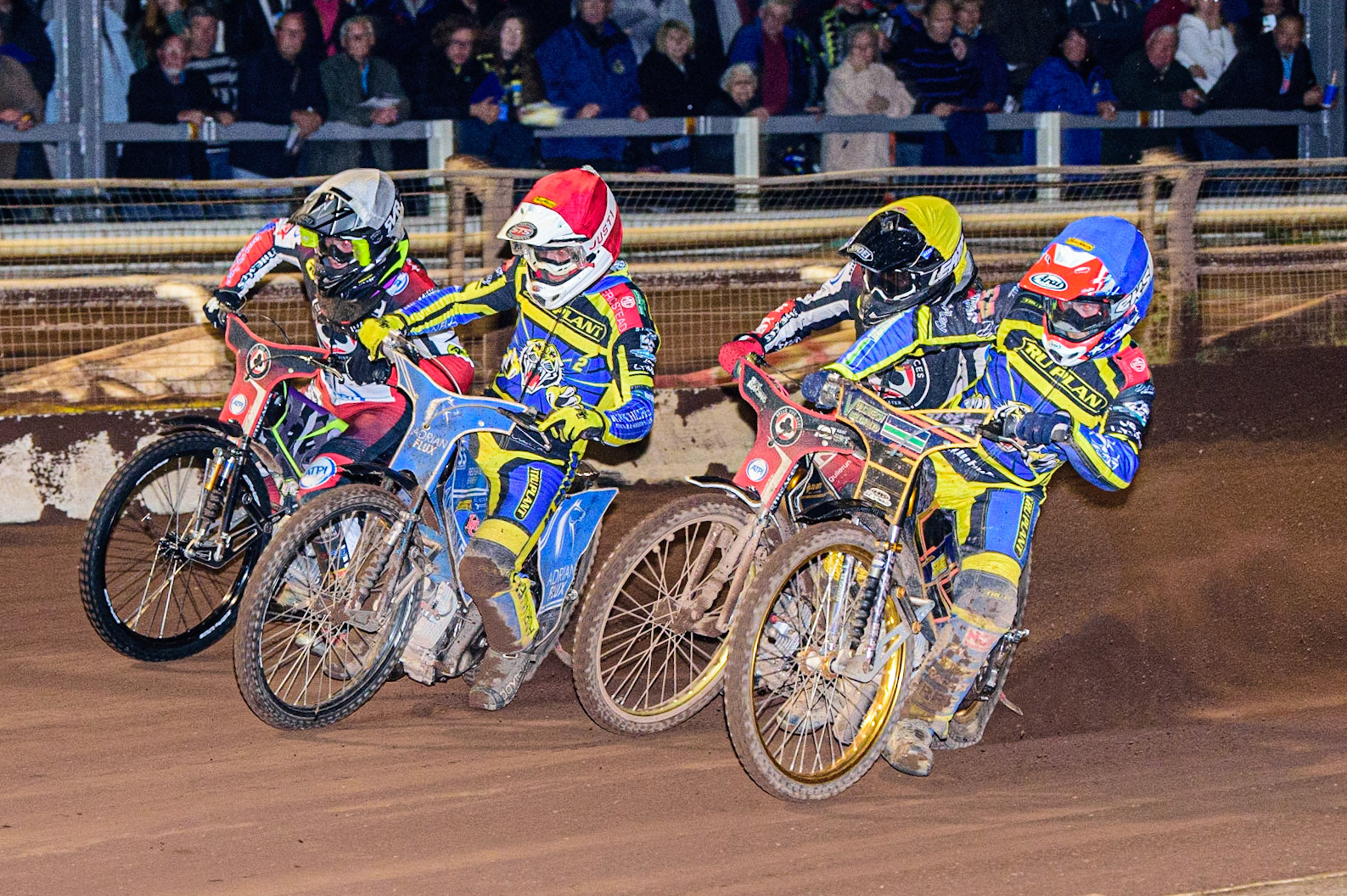 Lewis Kerr  (Red) leads Tom Brennan  (White), Connor Mountain  (Blue) and Norick Blodorn  (Yellow) during the SGB Premiership match between Sheffield Tigers and Belle Vue Aces at Owlerton Stadium, Sheffield on Thursday 22nd September 2022. (Credit: Ian Charles | MI News)