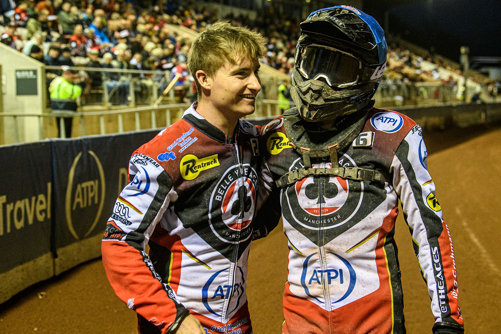 Tom Brennan (left) congratulates team mate Norick Blodorn on his win during the Sports Insure Premiership match between Belle Vue Aces and Sheffield Tigers at the National Speedway Stadium, Manchester on Monday 7th August 2023. (Photo: Ian Charles | MI News)