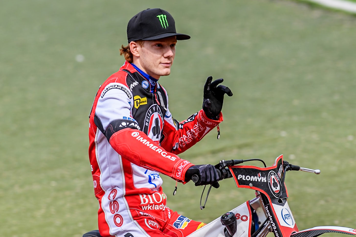 Belle Vue Aces' Dan Bewley  on the parade lap during the Rowe Motor Oil Premiership match between Belle Vue Aces and Sheffield Tigers at the National Speedway Stadium, Manchester on Monday 26th August 2024. (Photo: Ian Charles | MI News)