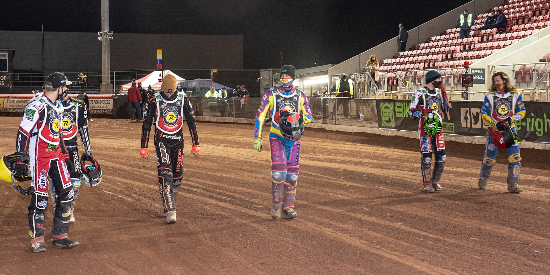Photo: Ian CharlesThe Finalist walk out to pick their gates, (l-r) Brady Kurtz, Jason Doyle, Sam Masters,  Rory Schlein, Dan Bewley and Richard Lawson Peter Craven Memorial Trophy, National Speedway Stadium, Manchester Thursday  22  October  2020