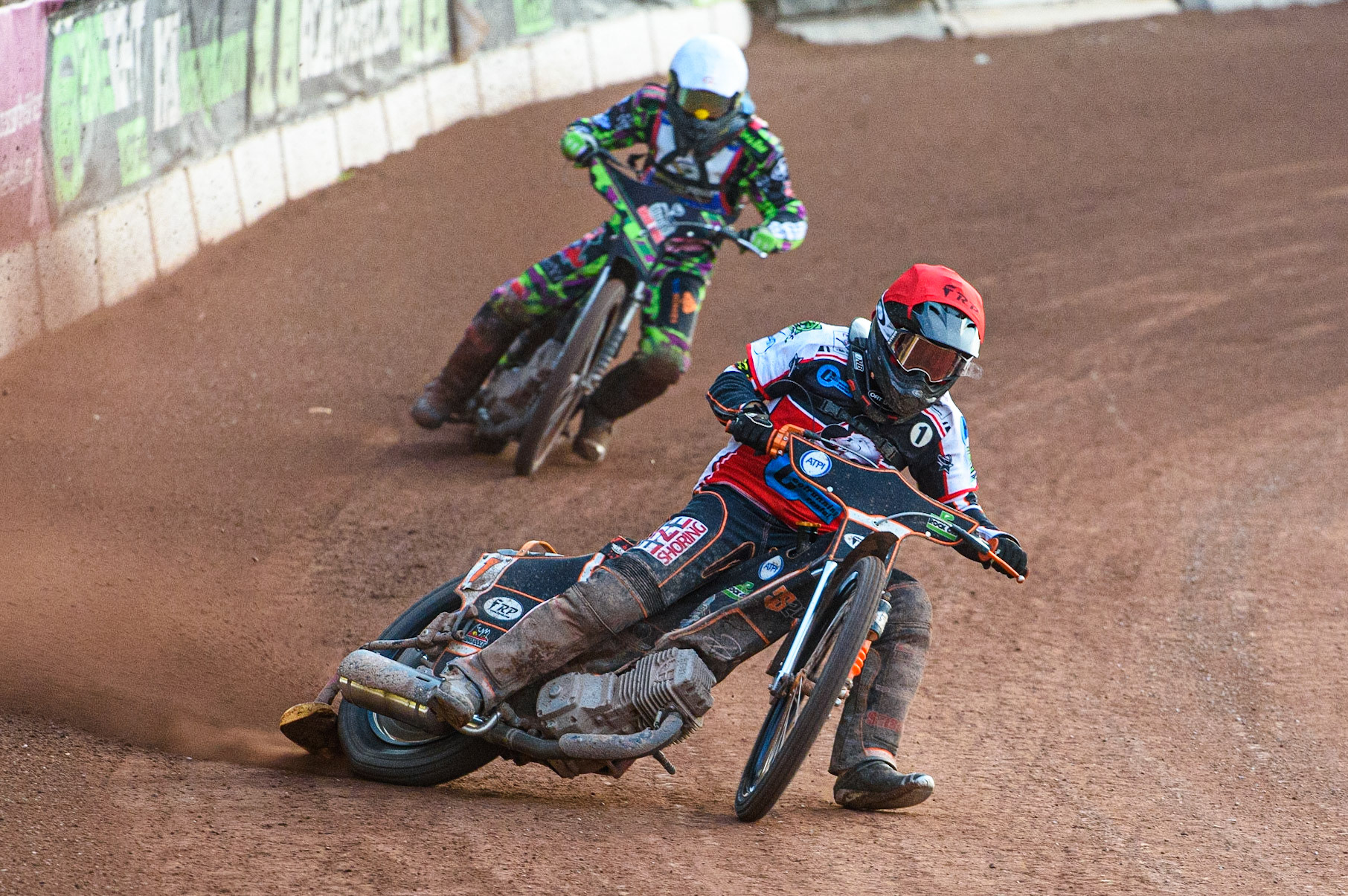 MANCHESTER, UK. JULY 23RD  Jack Smith  (Red) leads Richard Andrews  (Blue)during the National Development League match between Belle Vue Colts and Eastbourne Seagulls at the National Speedway Stadium, Manchester on Friday 23rd July 2021. (Credit: Ian Charles | MI News)