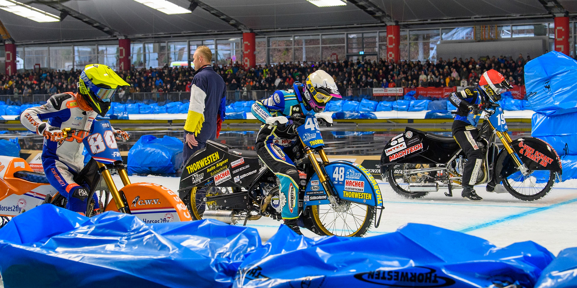 Grand Final Re-Run start: (L to R) Jasper Iwema (800) of The Netherlands in Yellow, Luca Bauer (48) of Germany in White and Martin Haarahiltunen (199) of Sweden in Red during the Ice Speedway Gladiators World Championship Final 2 at Max-Aicher-Arena, Inzell on Sunday 16th March 2025. (Photo: Ian Charles | MI News)