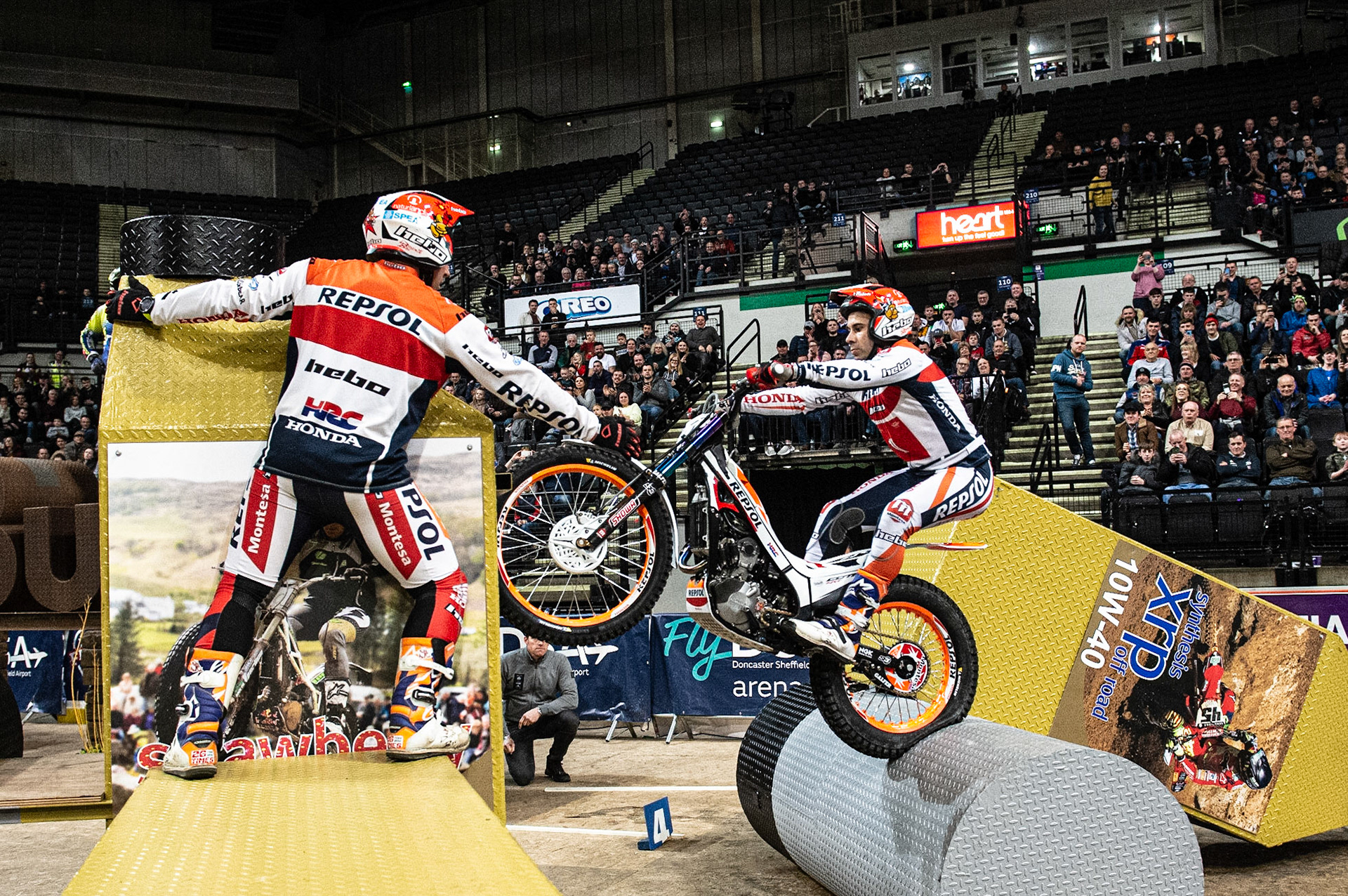 SHEFFIELD, ENGLAND  - DECEMBER 28TH  Tony Bou, Spain (Montessa) strubggles to bridge the gap on section 3  during the 25th Anniversary Sheffield Indoor Trial at the FlyDSA Arena, Sheffield on Saturday 28th December 2019. (Credit: Ian Charles | MI News)