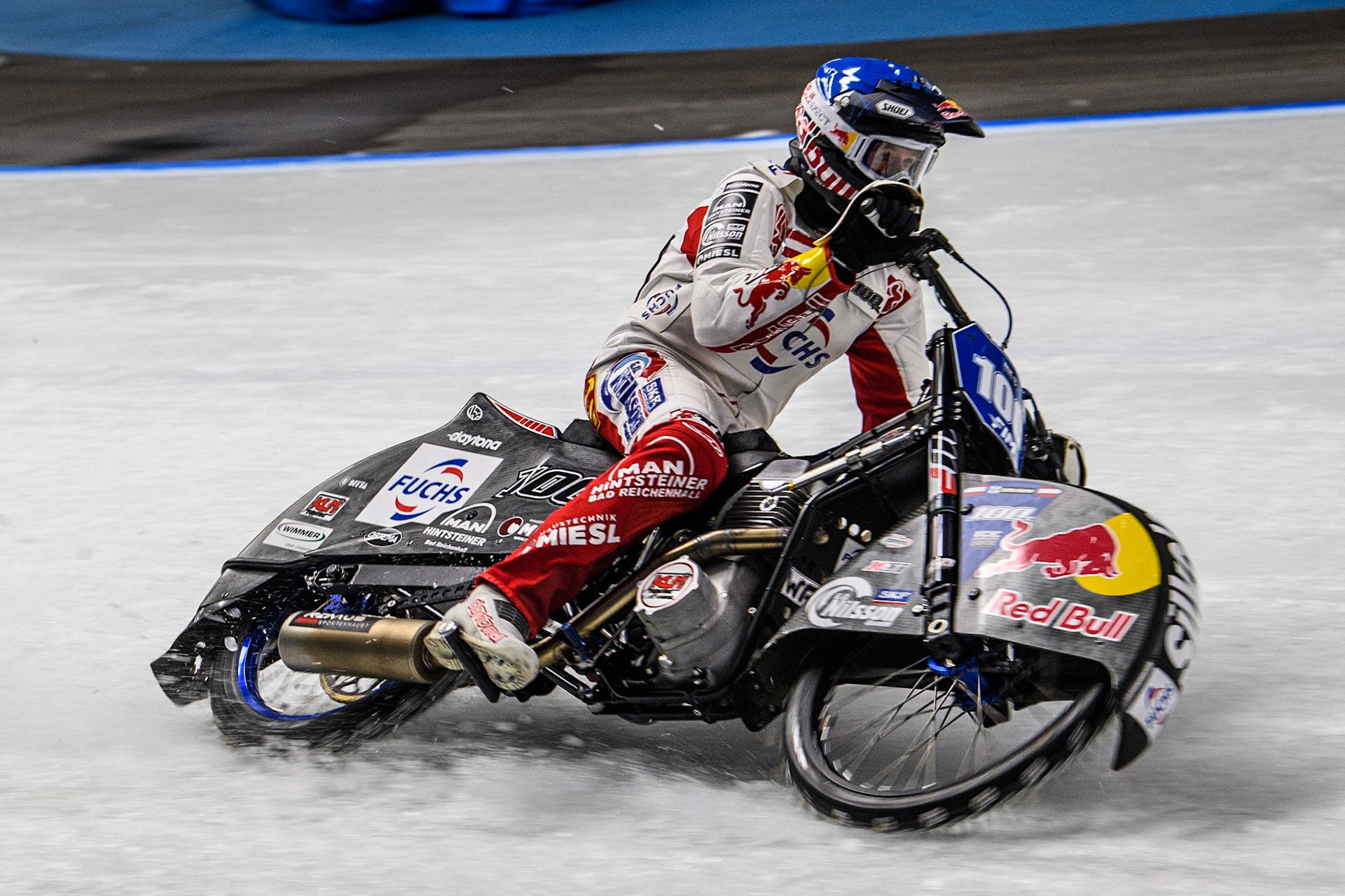Franky Zorn (100) of Austria in action during the Ice Speedway Gladiators World Championship Final 1 at Max-Aicher-Arena, Inzell on Saturday 15th March 2025. (Photo: Ian Charles | MI News)