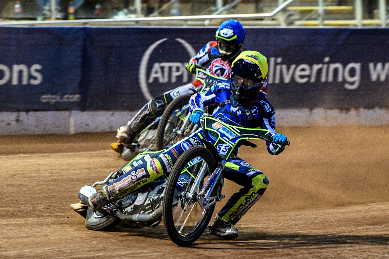 Jody Scott  (Yellow) leads Luke Muff  (Blue) during the National Development League match between Belle Vue Colts and Oxford Chargers at the National Speedway Stadium, Manchester on Friday 12th May 2023. (Photo: Ian Charles | MI News)