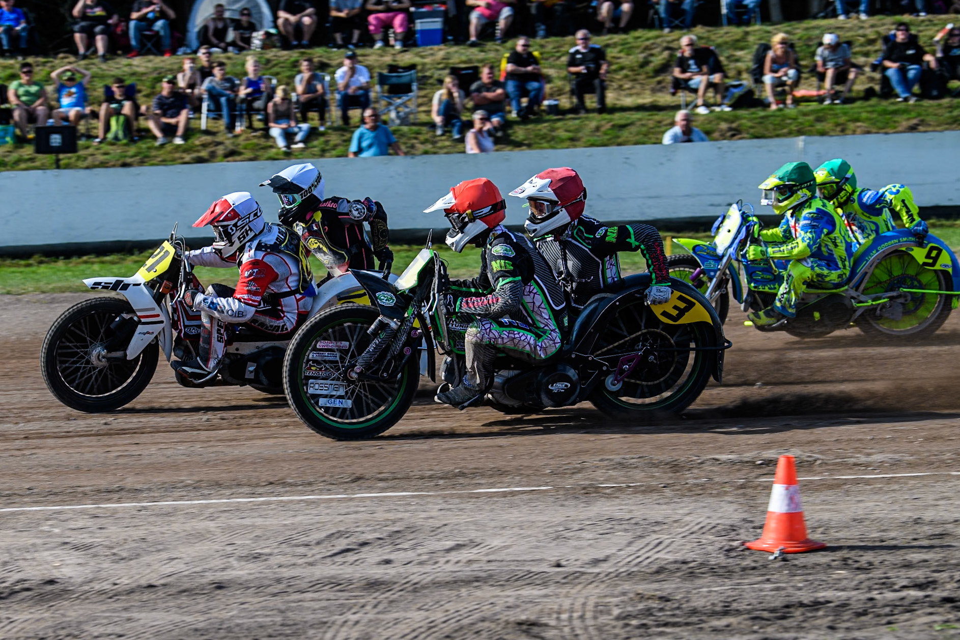 Jérémy Malpeyre &amp; Dylan Bouillard (21) of France in White leading Josh &amp; Scott Goodwin (3) of Great Britain  in Red and Mitch Goddard &amp; Paul Smith (9) of Great Britain in Green during the FIM Long Track World Championship Final 5 at the Speed Centre Roden, Roden, Netherlands on Sunday 22nd September 2024. (Photo: Ian Charles | MI News)