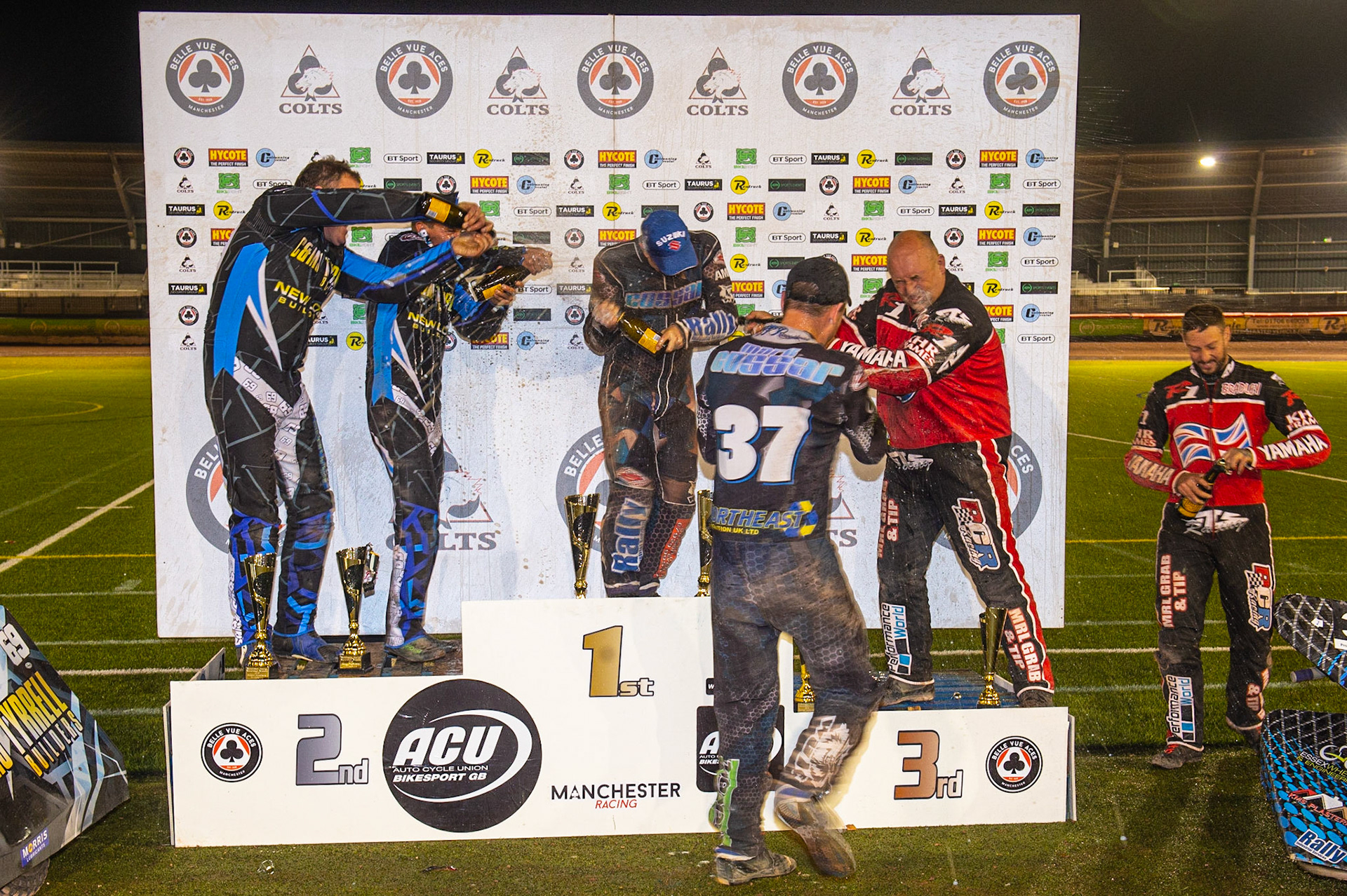MANCHESTER, ENGLAND Spraying the champagne during the  ACU Sidecar Speedway Manchester Masters,  Belle Vue National Speedway Stadium, Manchester Saturday 12 October 2019 (Credit: Ian Charles | MI News)