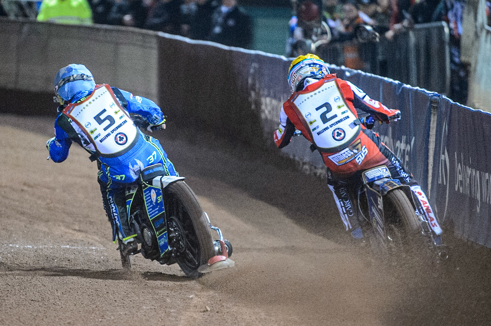 Chris Harris (Blue) leads Robert Lambert  (Yellow) during the Peter Craven Memorial Trophy  at the National Speedway Stadium, Manchester on Monday 3rd April 2023. (Photo: Ian Charles | MI News)