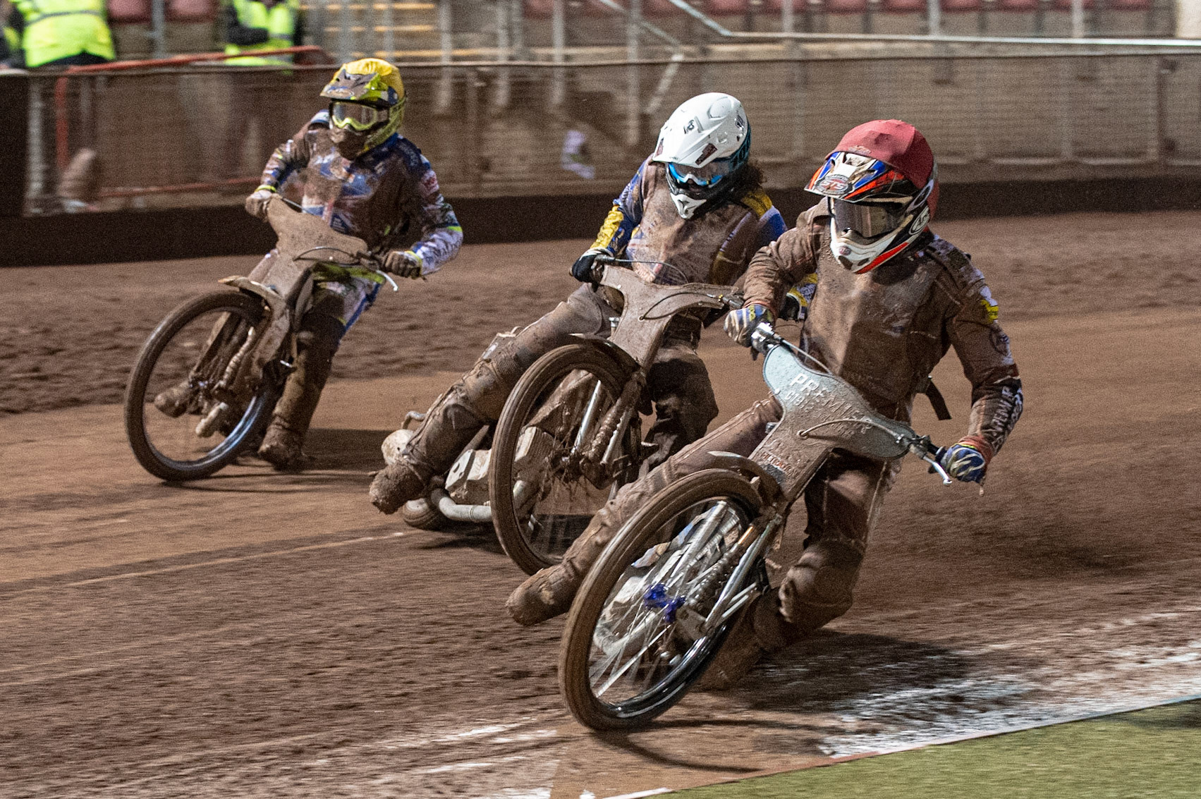Photo: Ian CharlesSteve Worrall   (Red)  inside  Richard Lawson   (White)  and Chris Harris  (Yellow) Sports Insure British Speedway Championship Final, National Speedway Stadium, Manchester Monday  28  September  2020