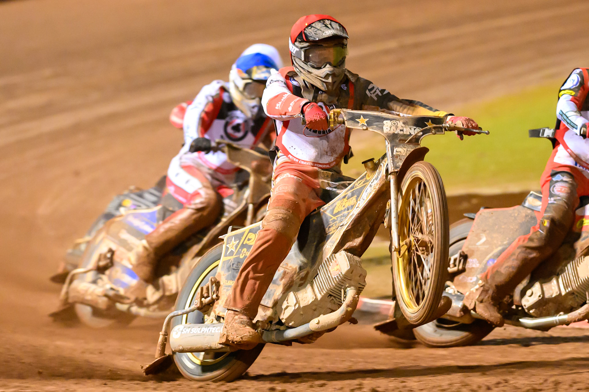 Norick Blodorn of Germany picks up some drive during the Peter Craven Memorial Trophy at the National Speedway Stadium, Manchester, on Monday 16th March 2026. (Photo: Ian Charles | MI News)