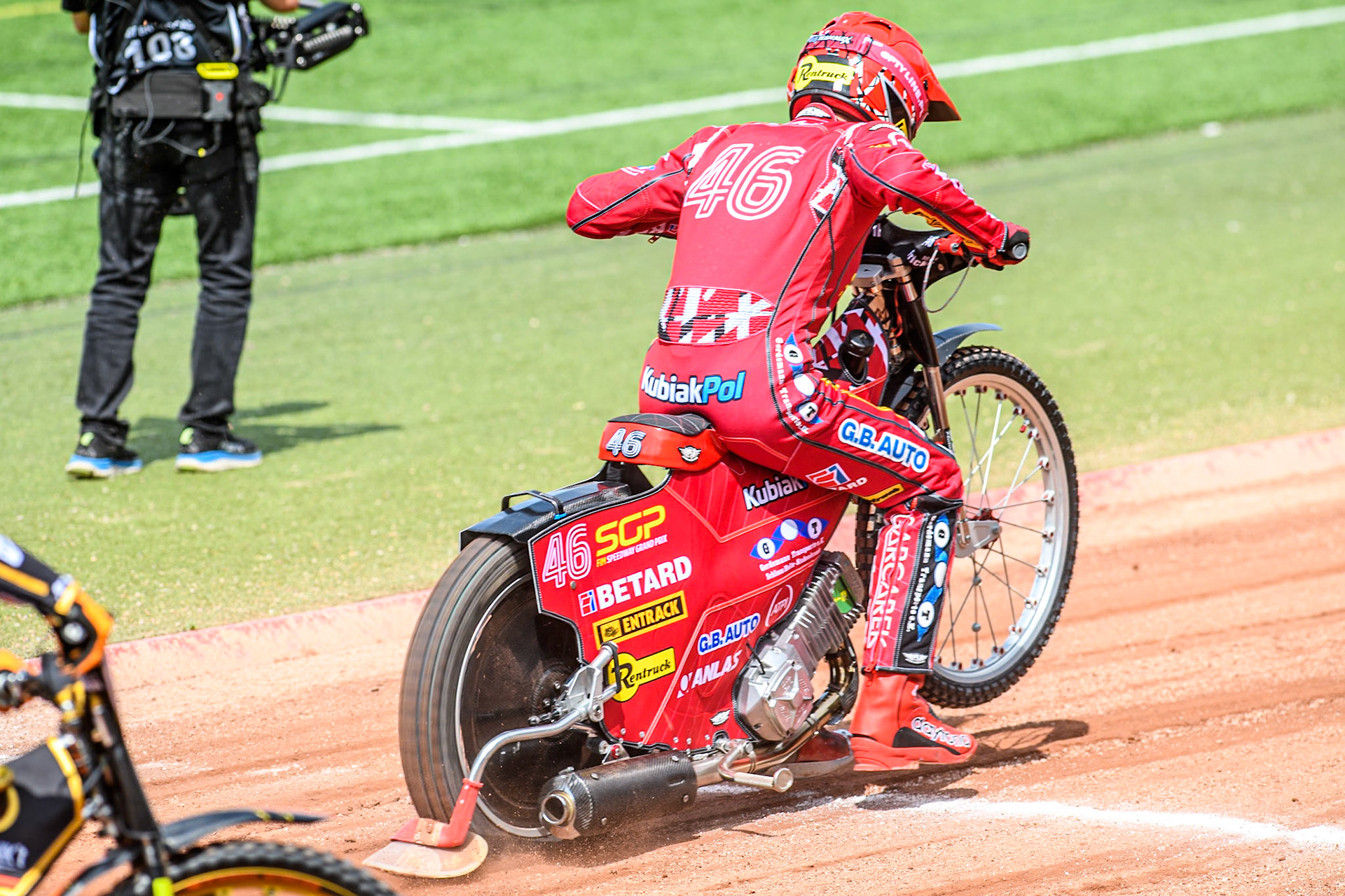 Max Fricke (46) of Australia does a practice start during the ATPI FIM Speedway Grand Prix Round 4 at the National Speedway Stadium, Manchester, on Friday 6th June 2025. (Photo: Ian Charles | MI News)
