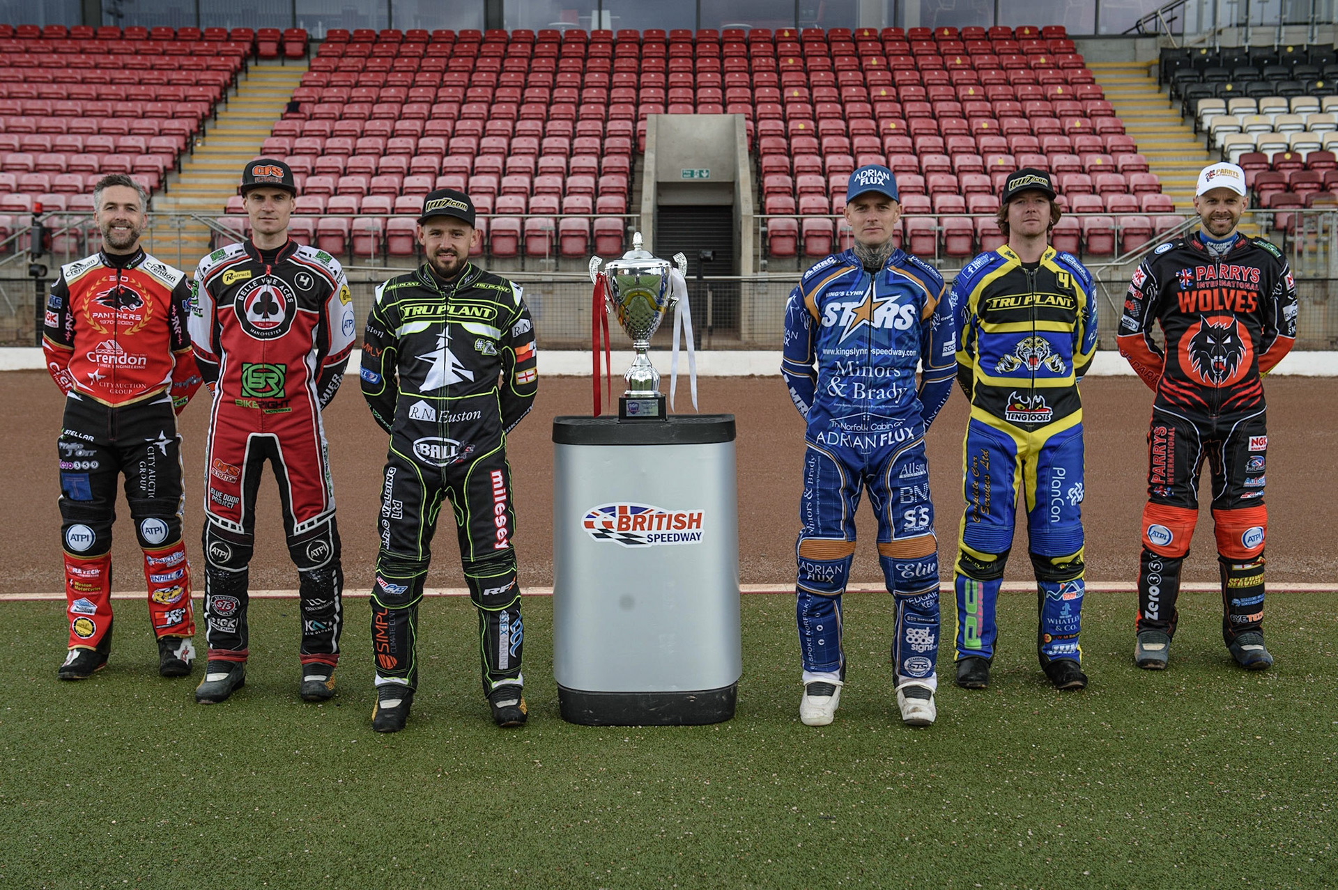 Photo: Ian CharlesPremier League Captains: (l-r) Scott Nichols, Steve Worrall, Danny King, Lewis Kerr, Kyle Howarth, Rory SchleinDiscovery Networks Eurosport Speedway Season Launch, National Speedway Stadium, Manchester Wednesday  12  May  2021