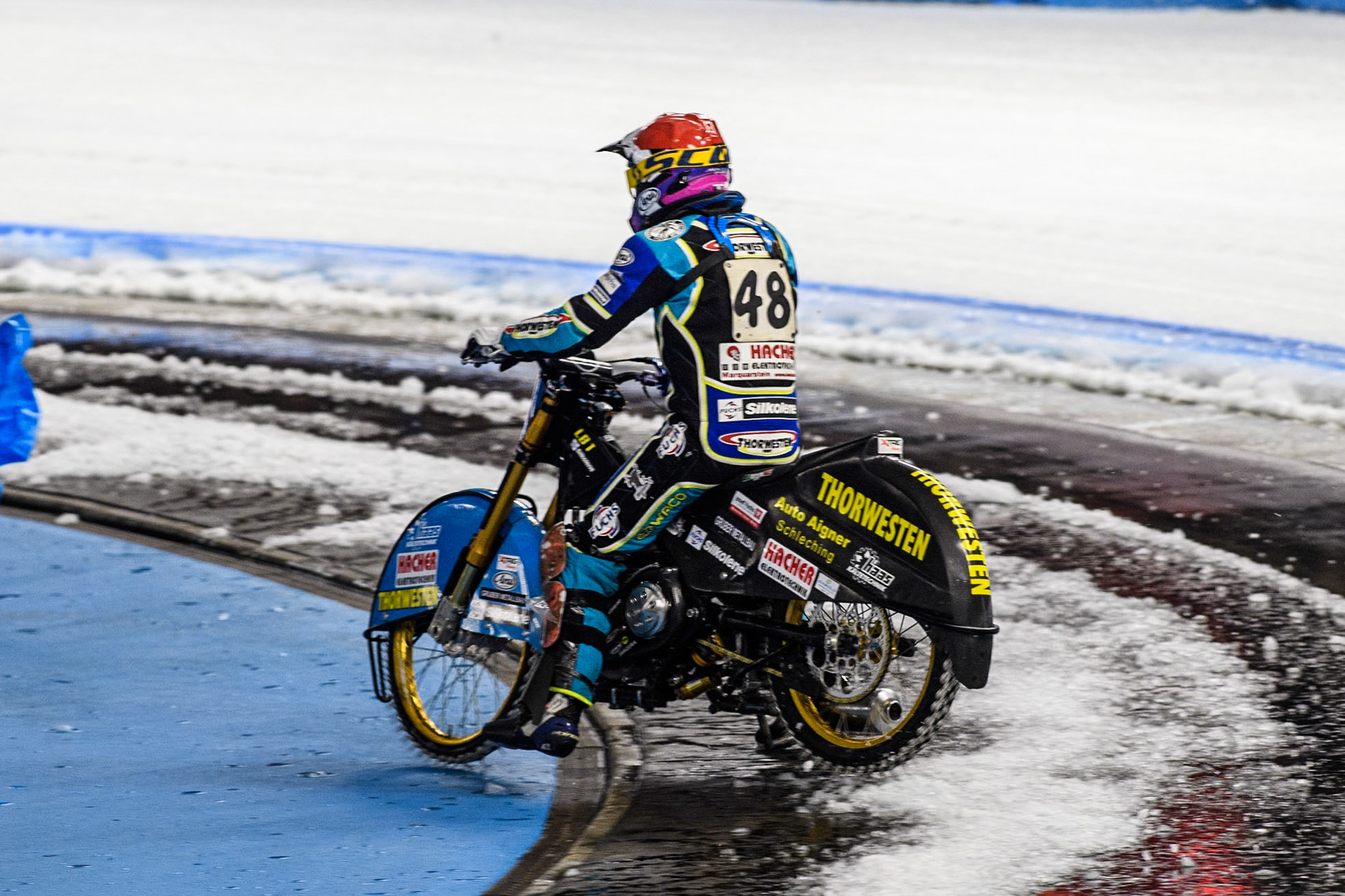 Luca Bauer (48) of Germany spins and leaves the track during the Ice Speedway Gladiators World Championship Final 1 at Max-Aicher-Arena, Inzell on Saturday 15th March 2025. (Photo: Ian Charles | MI News)