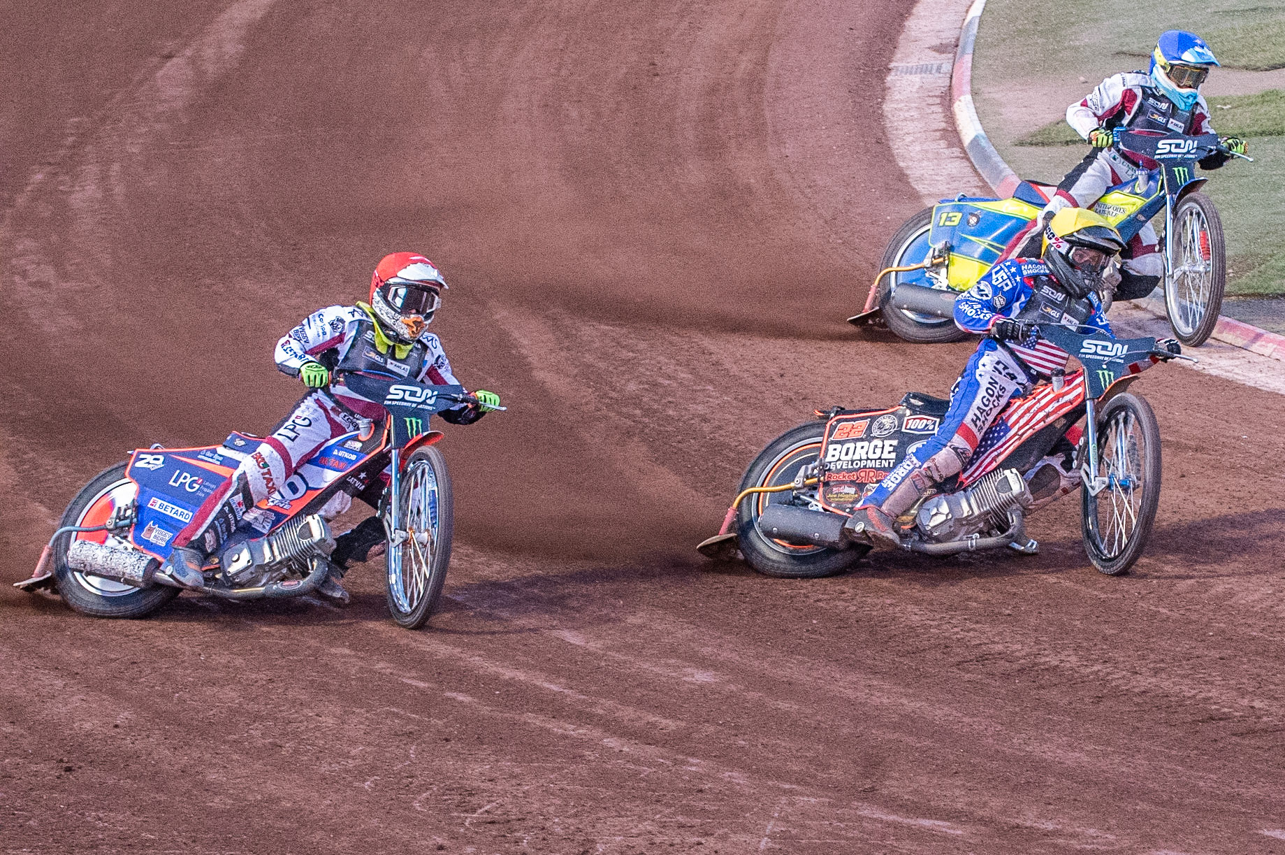 Photo: Ian Charles

Luke Becker (Yellow) splits the Latvia pairing of Andzejs Lebedevs (Red) and Jevgenijs Kostigovs (Blue)

Monster Energy FIM Speedway Of Nations, Race Off 2, Belle Vue National Speedway Stadium, Manchester 7 May  2019