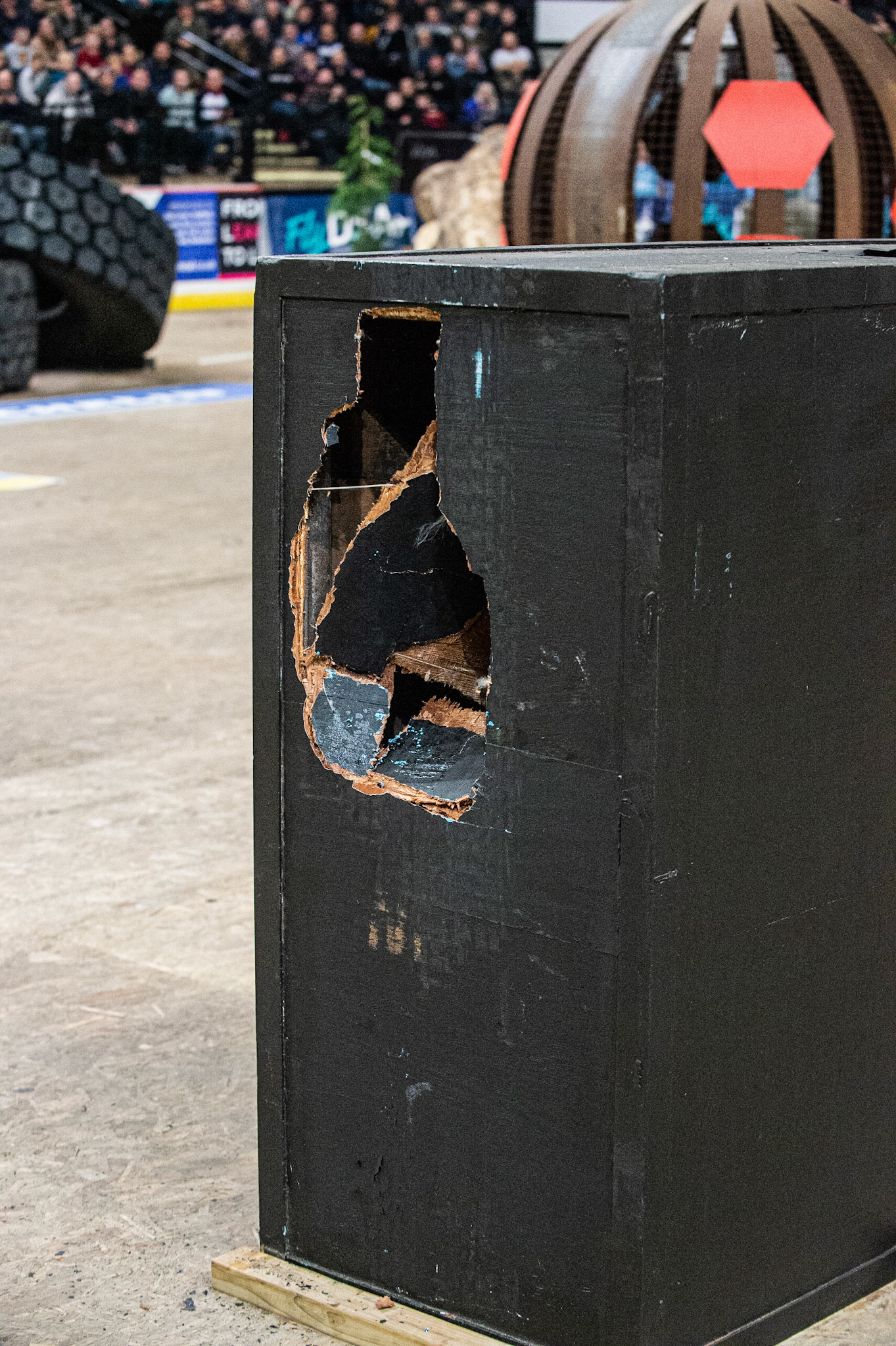 SHEFFIELD, ENGLAND  - DECEMBER 28TH  The damage caused to the box obstacle after being hit by Adam Raga  during the 25th Anniversary Sheffield Indoor Trial at the FlyDSA Arena, Sheffield on Saturday 28th December 2019. (Credit: Ian Charles | MI News)