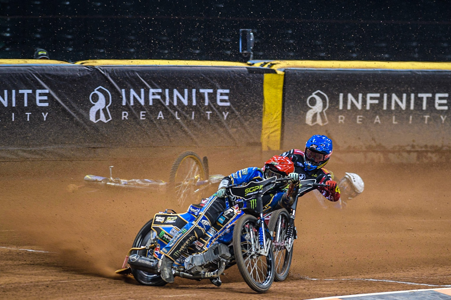 Jack Holder (25) (Red) inside Kim Nilsson (233) (Yellow) with Max Fricke (46) (Blue) behind as Jason Doyle (69) falls at the back during the FIM Speedway Grand Prix of Great Britain at the Principality Stadium, Cardiff on Saturday 2nd September 2023. (Photo: Ian Charles | MI News)