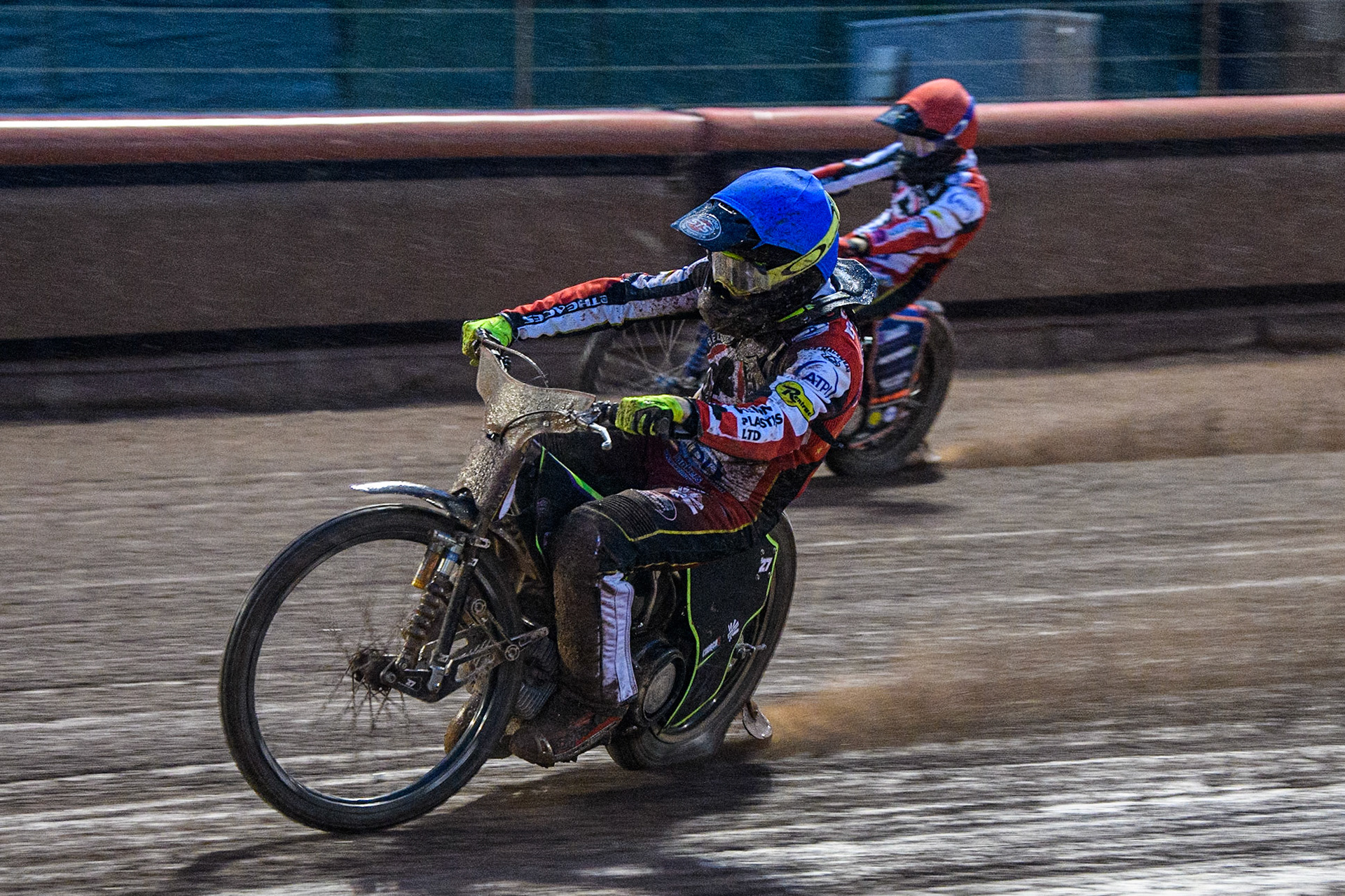 Tom Brennan (Blue) leads  team mate Brady Kurtz (Red) during the Sports Insure Premiership match between Belle Vue Aces and King's Lynn Stars at the National Speedway Stadium, Manchester on Monday 21st August 2023. (Photo: Ian Charles | MI News)