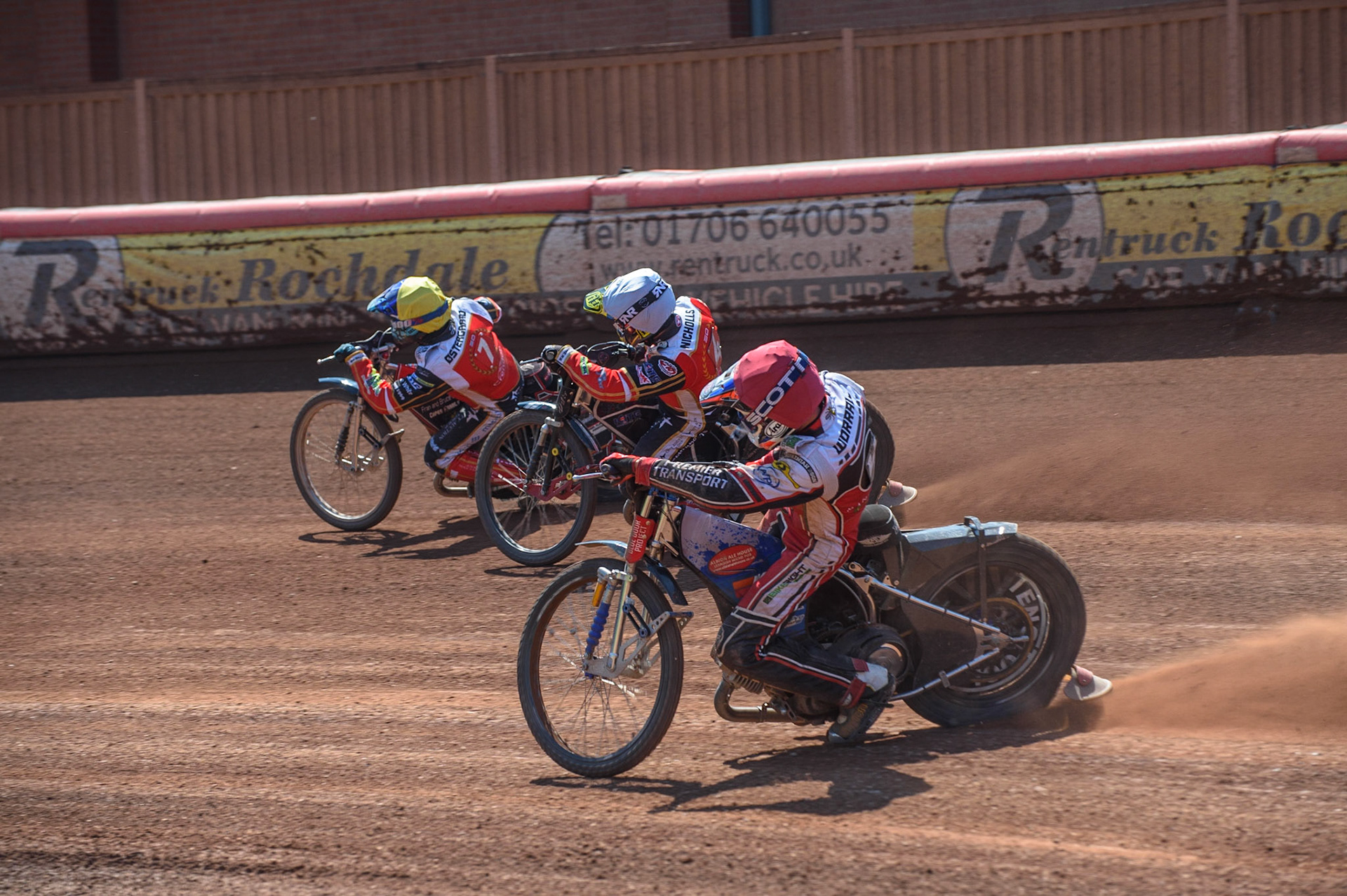 MANCHESTER, UK. MAY 31ST  Ulrich Ostergaard  (Yellow) and Scott Nicholls  (White) lead Steve Worrall  (Red) during the SGB Premiership match between Belle Vue Aces and Peterborough at the National Speedway Stadium, Manchester on Monday 31st May 2021. (Credit: Ian Charles | MI News)