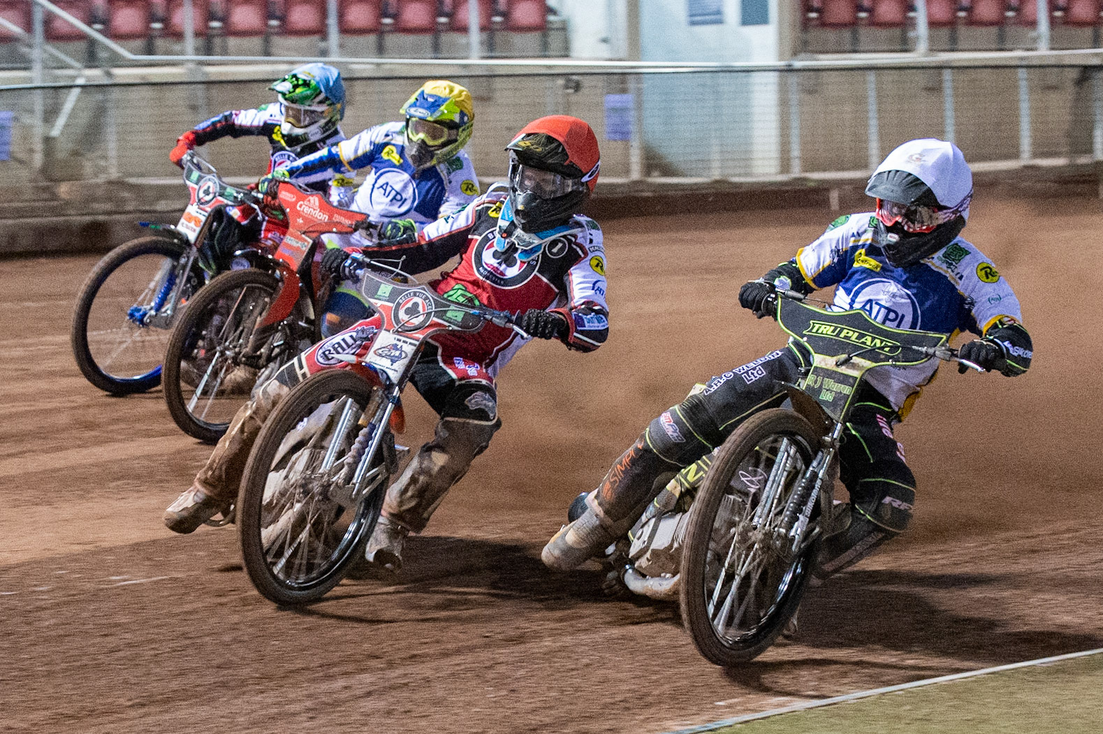 Photo: Ian CharlesDanny King of the 'ATPI' All Stars  (White) inside Brady Kurtz of Belle Vue 'BikeRight' Aces (Red) with Chris Harris of the 'ATPI' All Stars (Yellow) and Dan Bewley of Belle Vue 'BikeRight' Aces  (Blue) Belle Vue ‘Bikerite ’Aces v ‘ATPI’ All Stars, Premiership Challenge, National Speedway Stadium, Manchester Thursday  24  September  2020