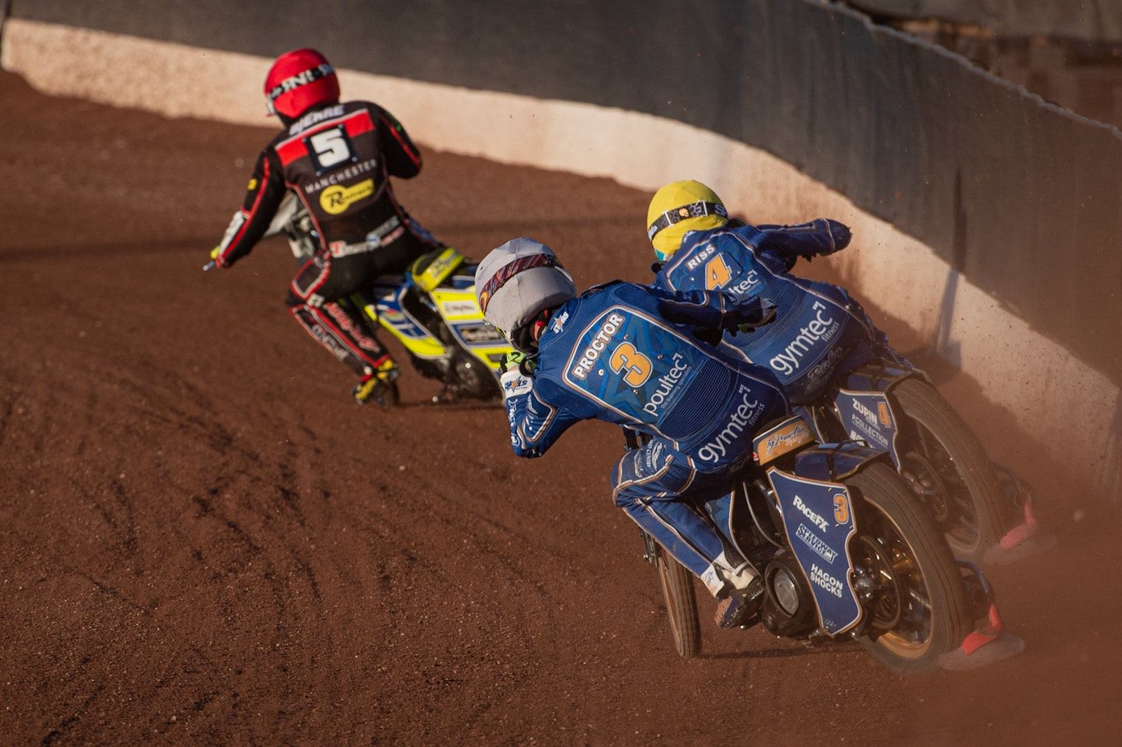Photo: Ian Charles

​Ty Proctor  (White) and ​Erik Riss​​  (Yellow)
 chase ​Kenneth Bjerre​​  (Red)

Belle Vue Aces v Kings Lynn Stars, British Speedway Premiership, Belle Vue National Speedway Stadium, Manchester, Thursday 16  May  2019