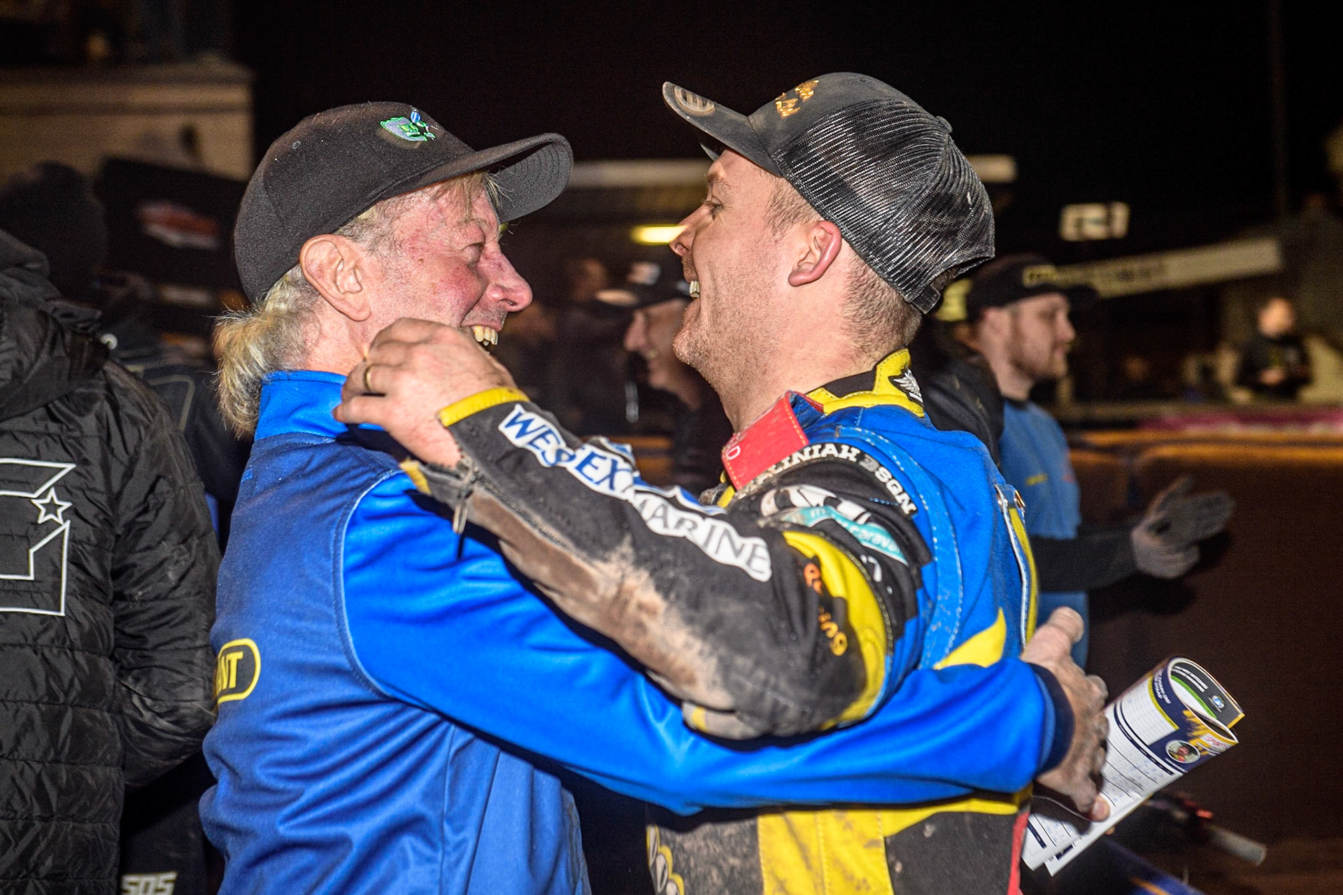 Sheffield Co-Promoter Peter Mole (Left) celebrates with team Captain Kyle Howarth during the Sports Insure Premiership Grand Final Second Leg match between Sheffield Tigers and Ipswich Witches at Owlerton Stadium, Sheffield on Thursday 5th October 2023. (Photo: Ian Charles | MI News)